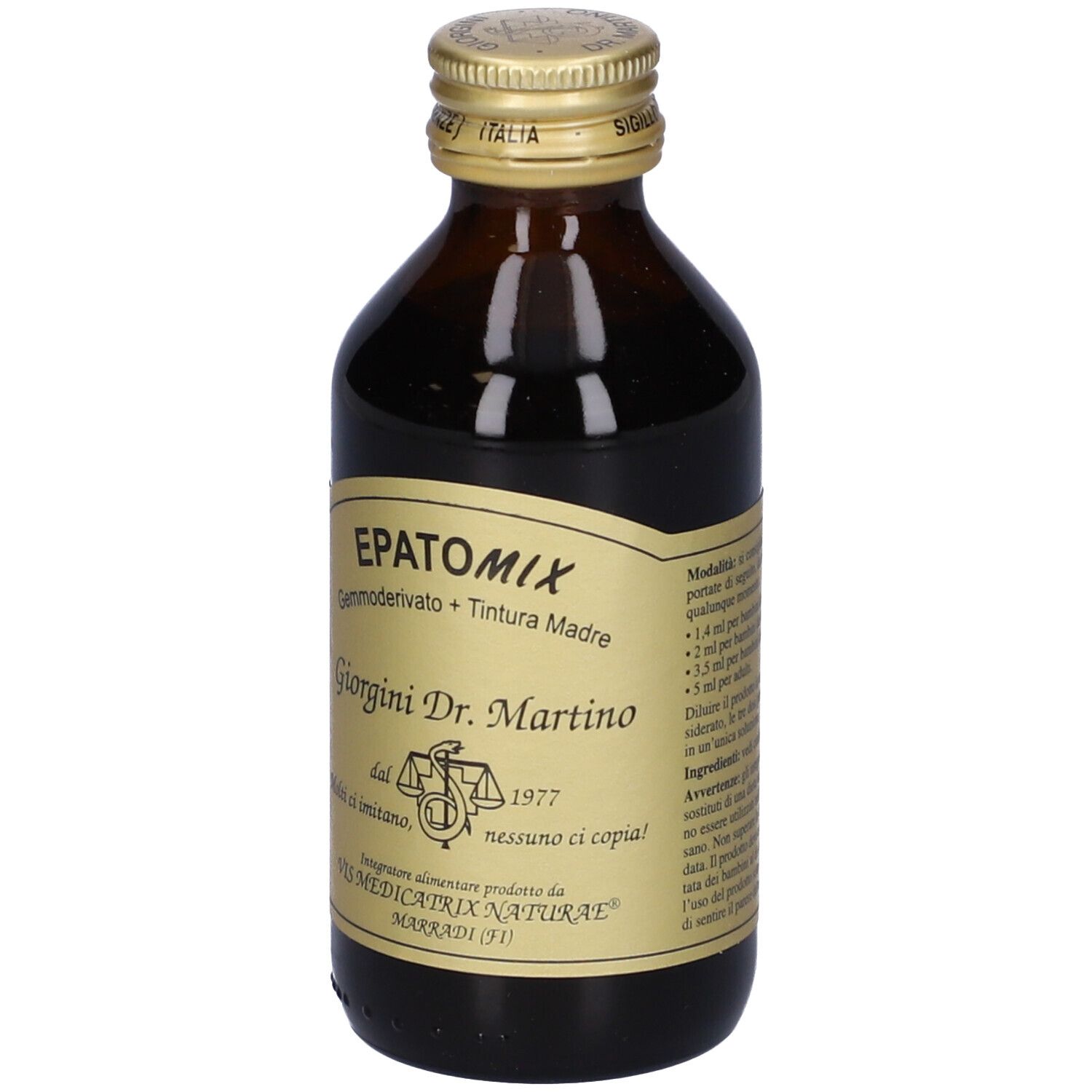 Bottiglia di vetro marrone con tappo dorato. Etichetta con nome del prodotto e testo. Bottiglia in posizione verticale.