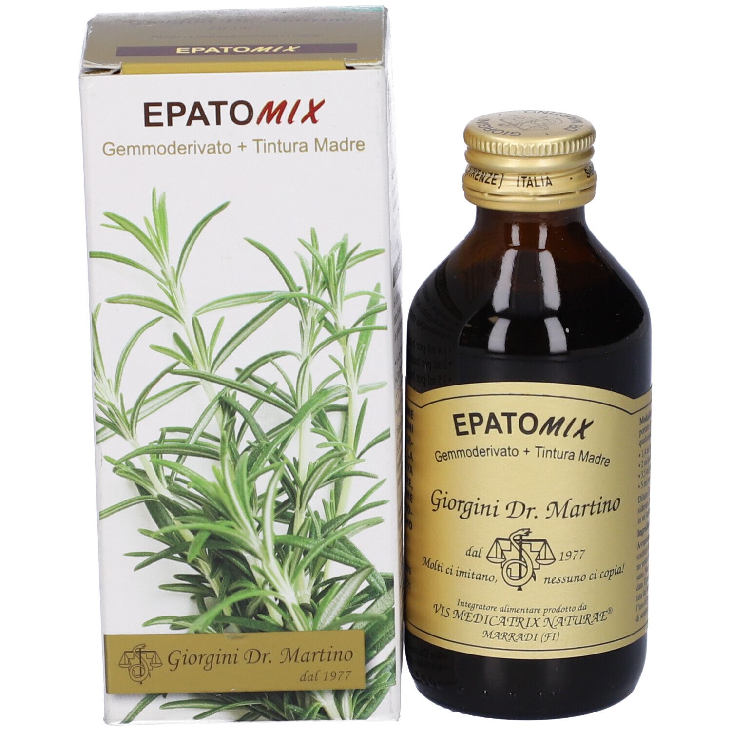 Bottiglia di vetro marrone e scatola. Scatola con nome del prodotto e illustrazione di erbe. Bottiglia accanto alla scatola.