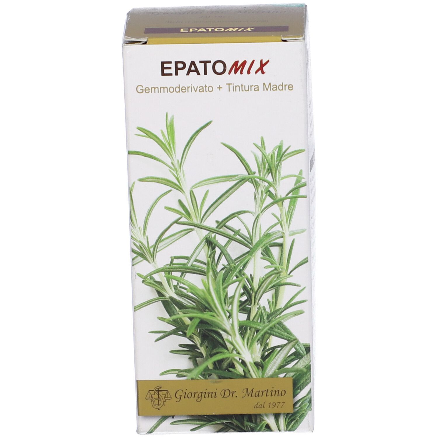 Scatola con nome del prodotto e illustrazione di erbe. Scatola bianca con erbe verdi.