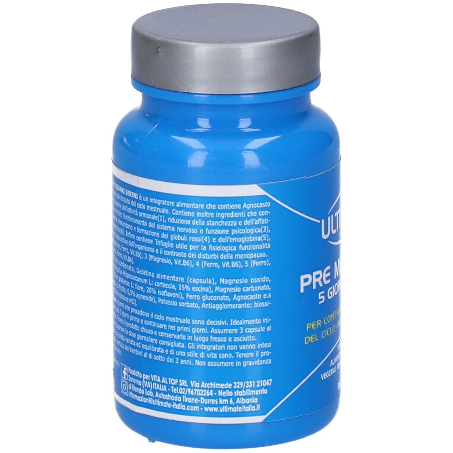 Retro del flacone blu. Testo in italiano con informazioni sul prodotto e ingredienti.