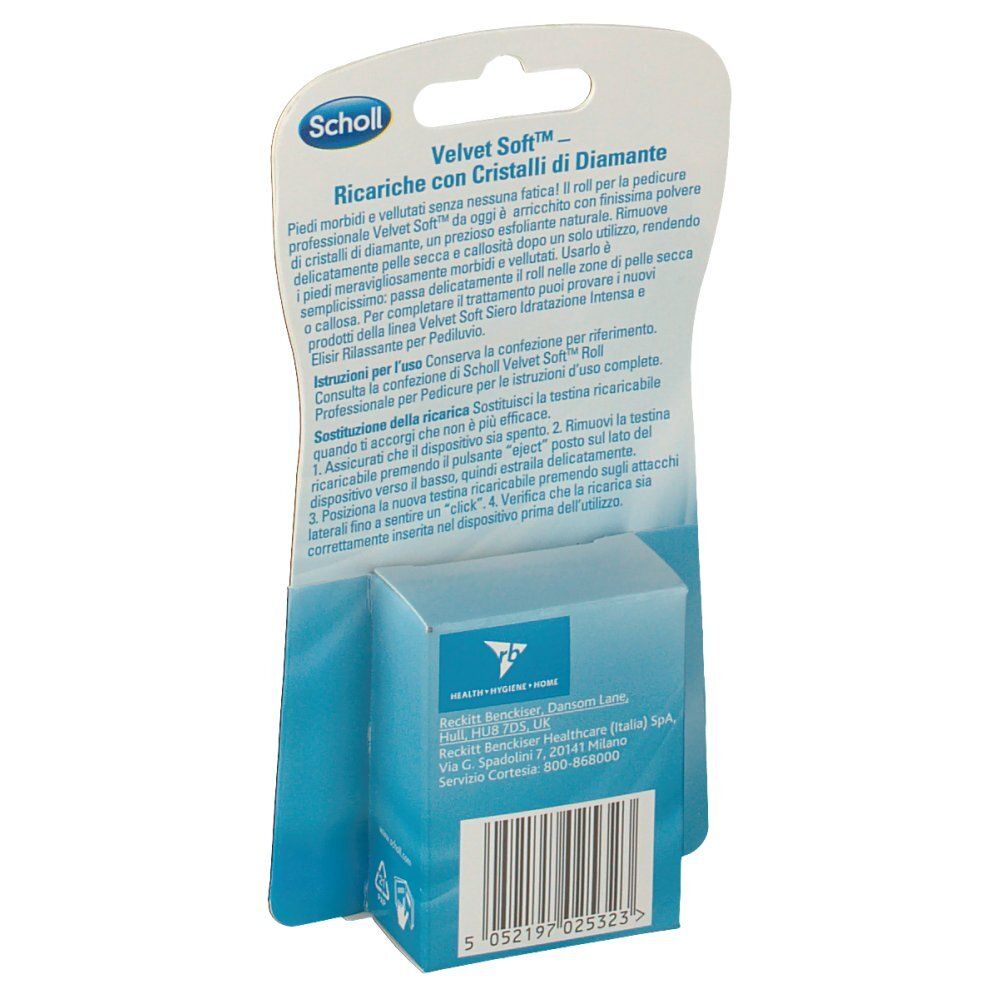 Retro della confezione con informazioni sul prodotto. Marchio Scholl, nome Velvet Soft. Testo in italiano.