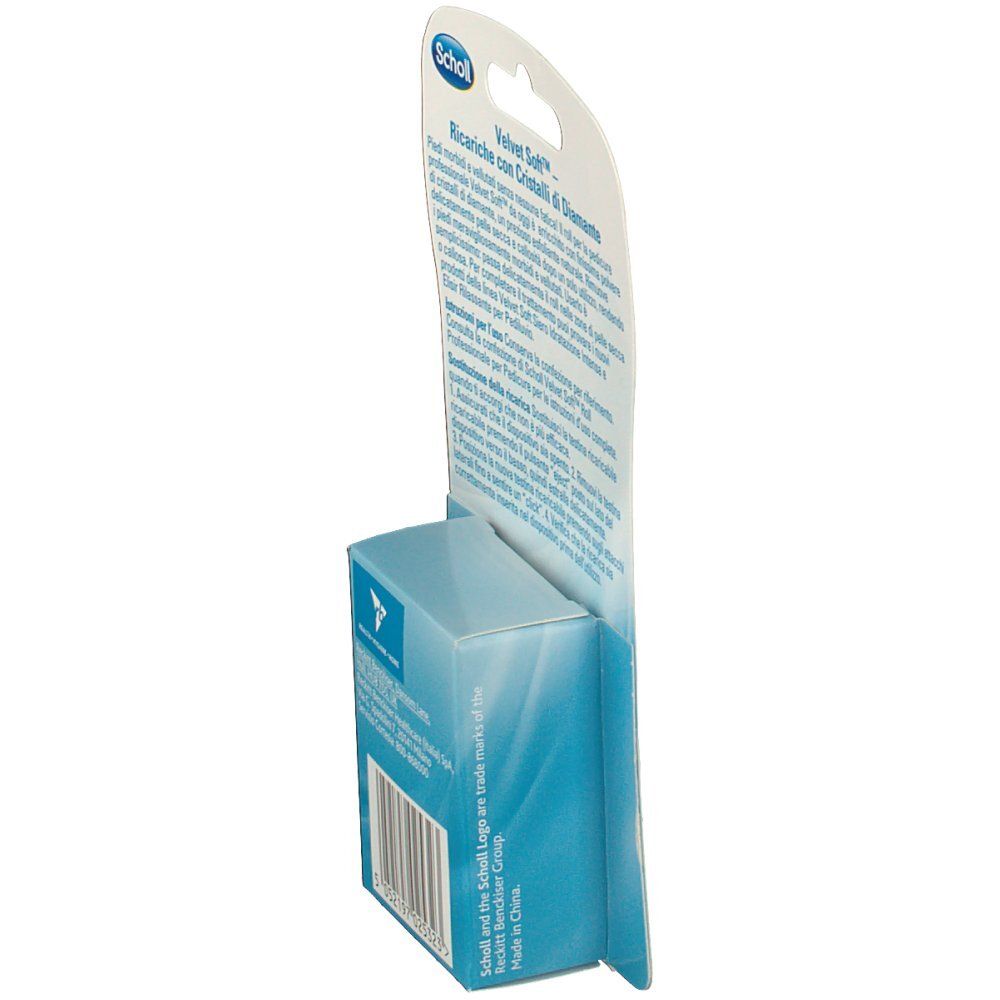 Vista laterale della confezione con informazioni sul prodotto. Marchio Scholl, nome Velvet Soft. Testo in italiano.