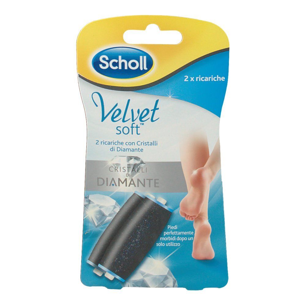 Confezione di ricariche per pedicure. Marchio Scholl, nome Velvet Soft. Con cristalli di diamante.