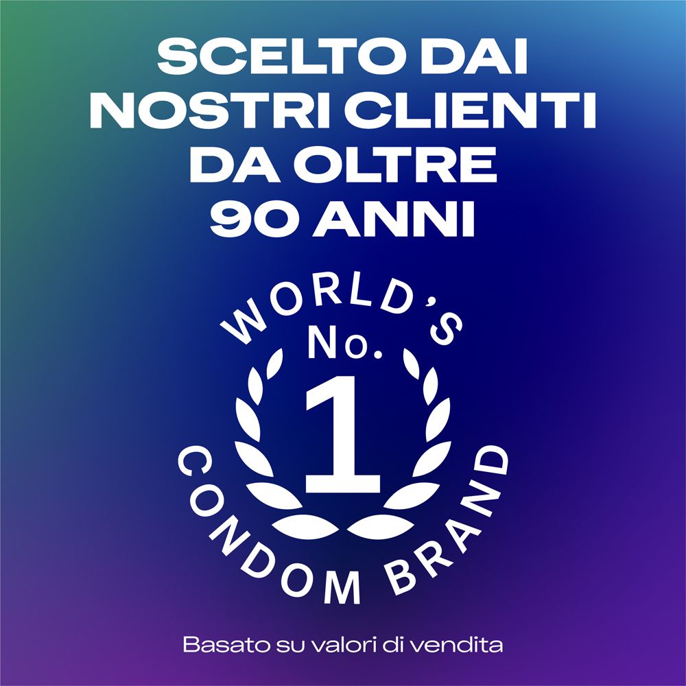 Marchio 'World's No. 1 Condom Brand' e testo 'Scelto dai nostri clienti da oltre 90 anni'.