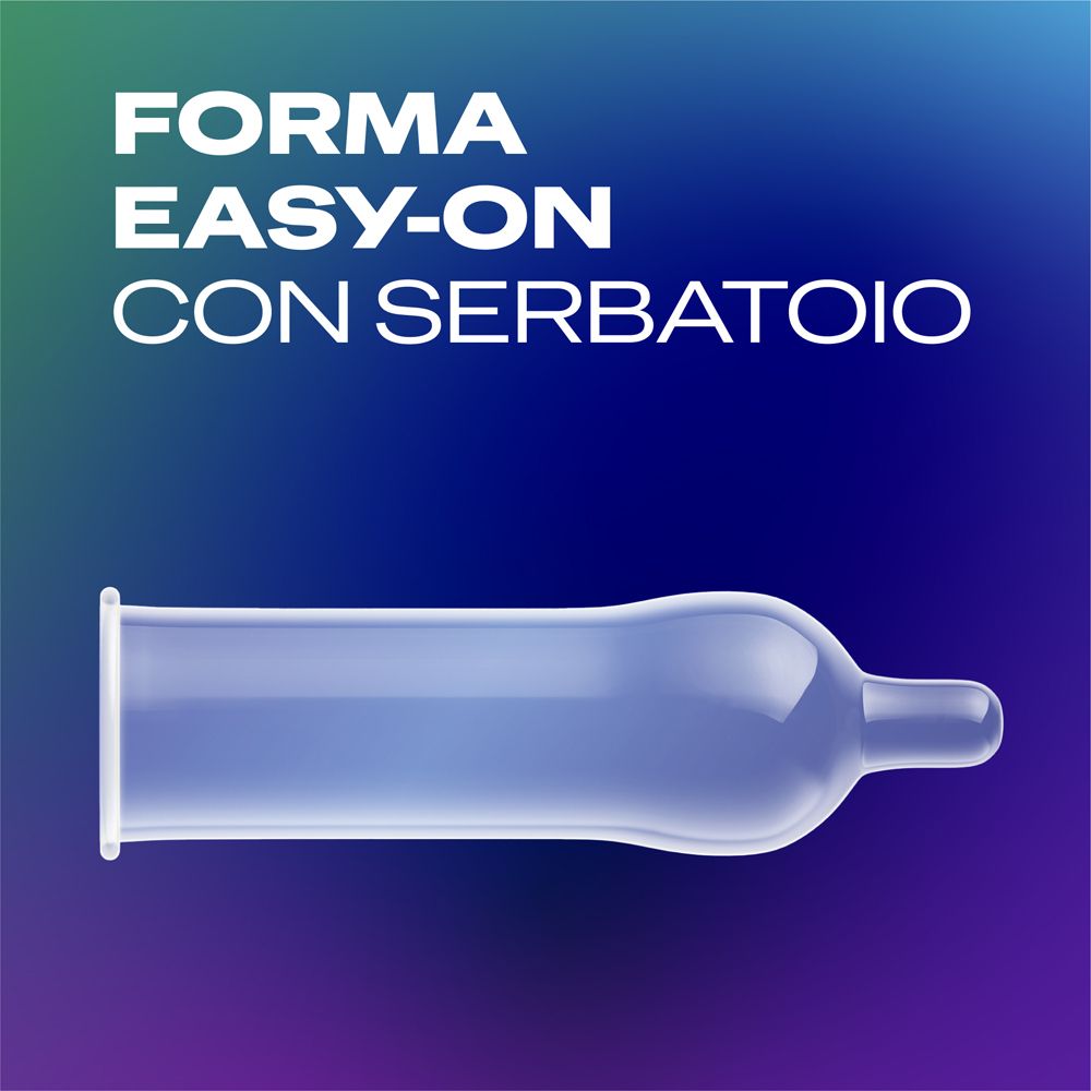 Un preservativo trasparente con forma Easy-On e serbatoio. Testo: Forma easy-on con serbatoio.