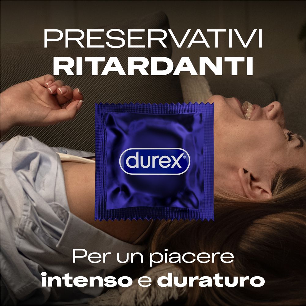 Confezione di preservativi Durex con scritta 'PRESSEVATIVI RITARDANTI'.