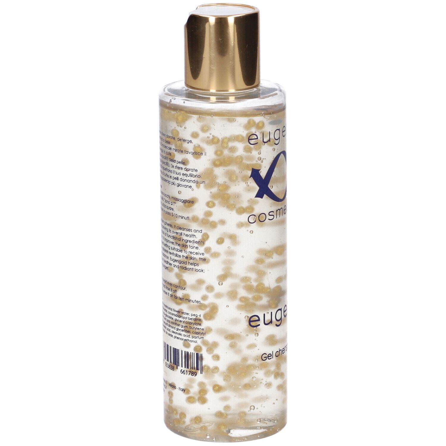 Flacone trasparente con sfere dorate. Retro con testo e codice a barre. Scritte: Eugenomics, eugen gold.