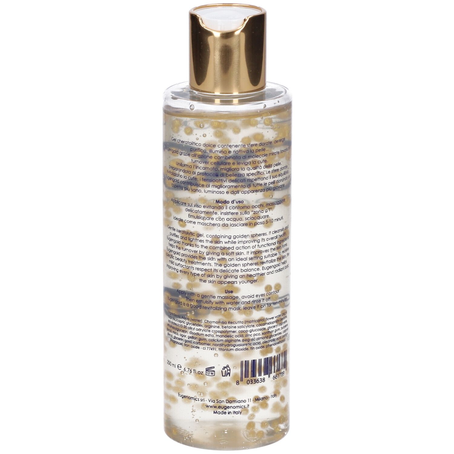 Flacone trasparente con sfere dorate. Retro con testo e codice a barre. Scritte: Eugenomics, eugen gold.