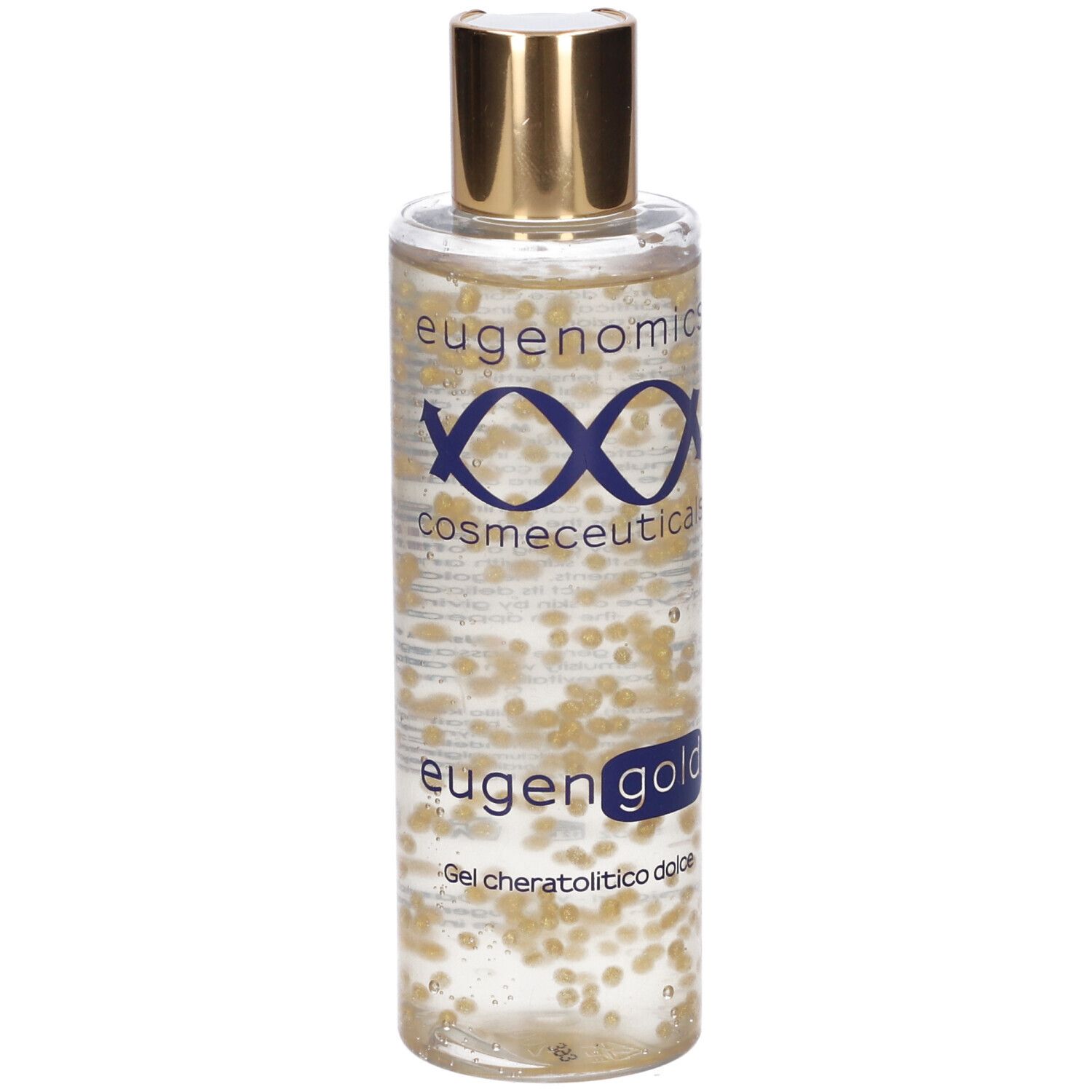 Flacone trasparente con sfere dorate. Scritte: Eugenomics, eugen gold, Gel cheratolitico dolce.