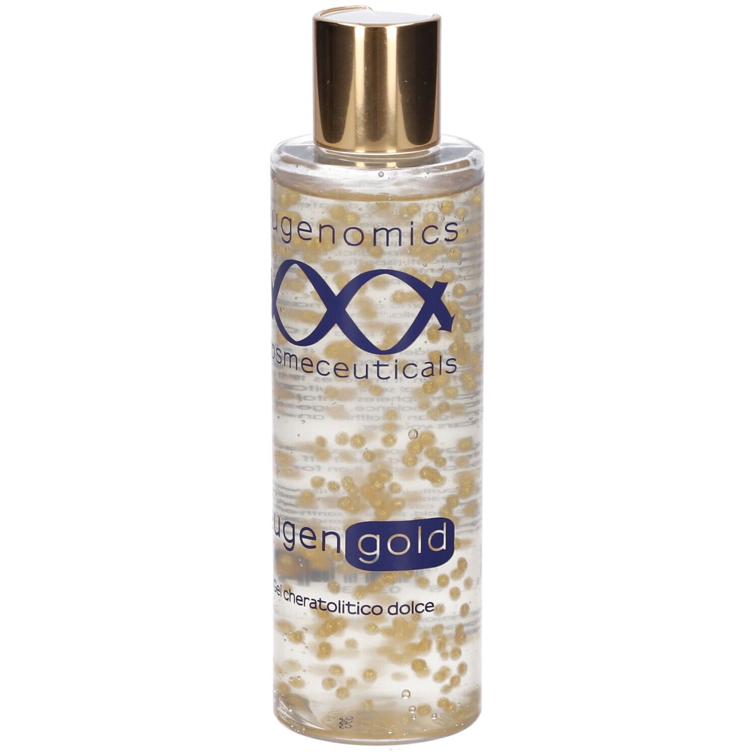 Flacone trasparente con sfere dorate. Scritte: Eugenomics, eugen gold, Gel cheratolitico dolce.