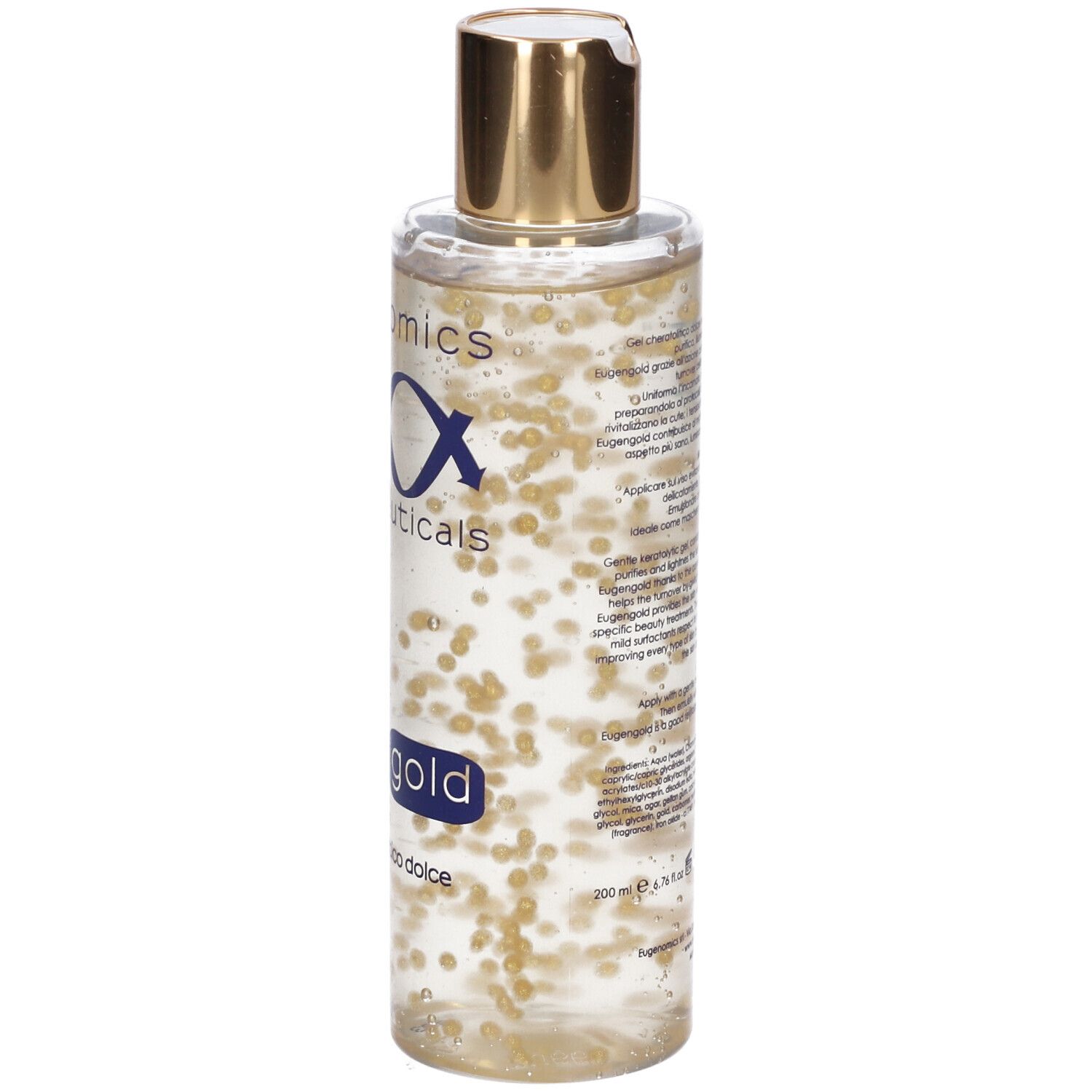 Flacone trasparente con sfere dorate. Scritte: Eugenomics, eugen gold, Gel cheratolitico dolce, 200 ml.
