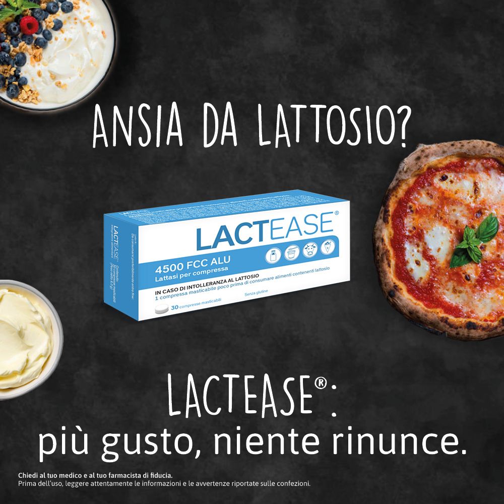 Immagine pubblicitaria con confezione "LACTEASE", pizza, burro e yogurt. Testo: "Ansia da lattosio?" e "più gusto, niente rinunce."