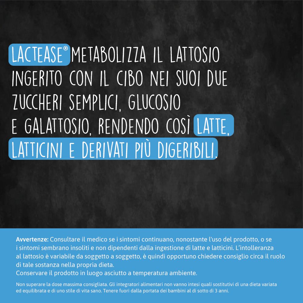 Testo su sfondo blu. "LACTEASE" metabolizza il lattosio in glucosio e galattosio. Rende i latticini più digeribili.