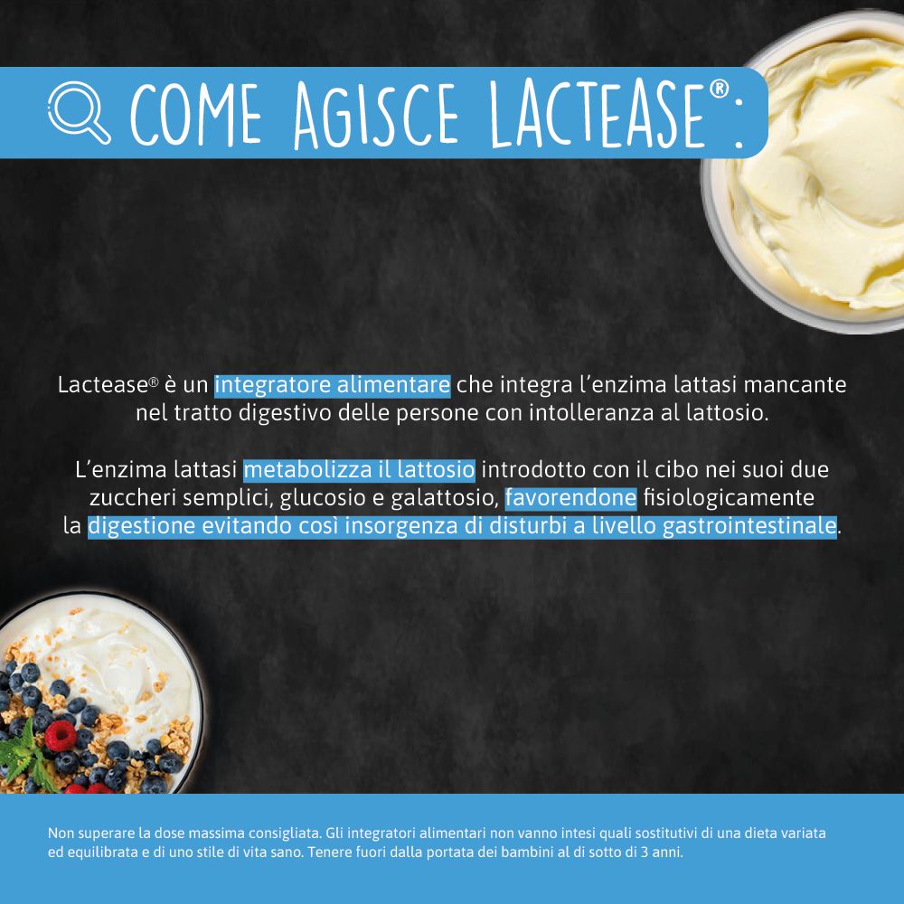 Testo su sfondo blu. "LACTEASE" è un integratore alimentare contenente lattasi. Favorisce la digestione.