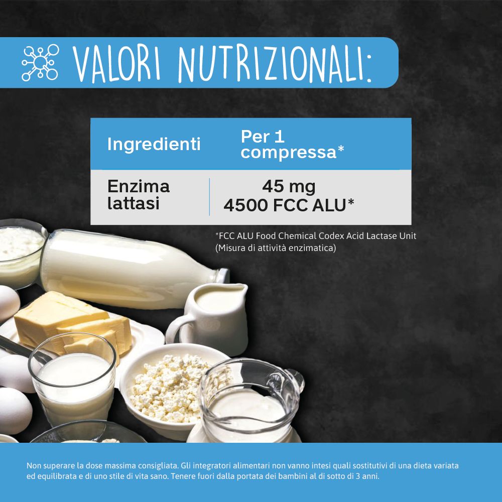Tabella nutrizionale. Contiene enzima lattasi, 45 mg/4500 FCC ALU. Prodotti lattiero-caseari sullo sfondo.