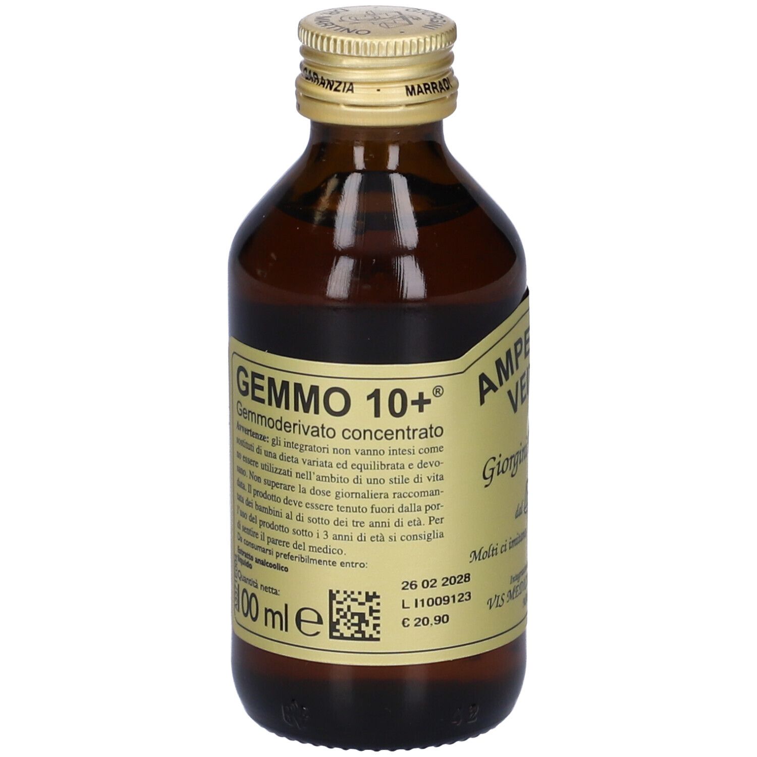 Flacone di vetro marrone con tappo dorato. Etichetta con nome, informazioni produttore e ingredienti.