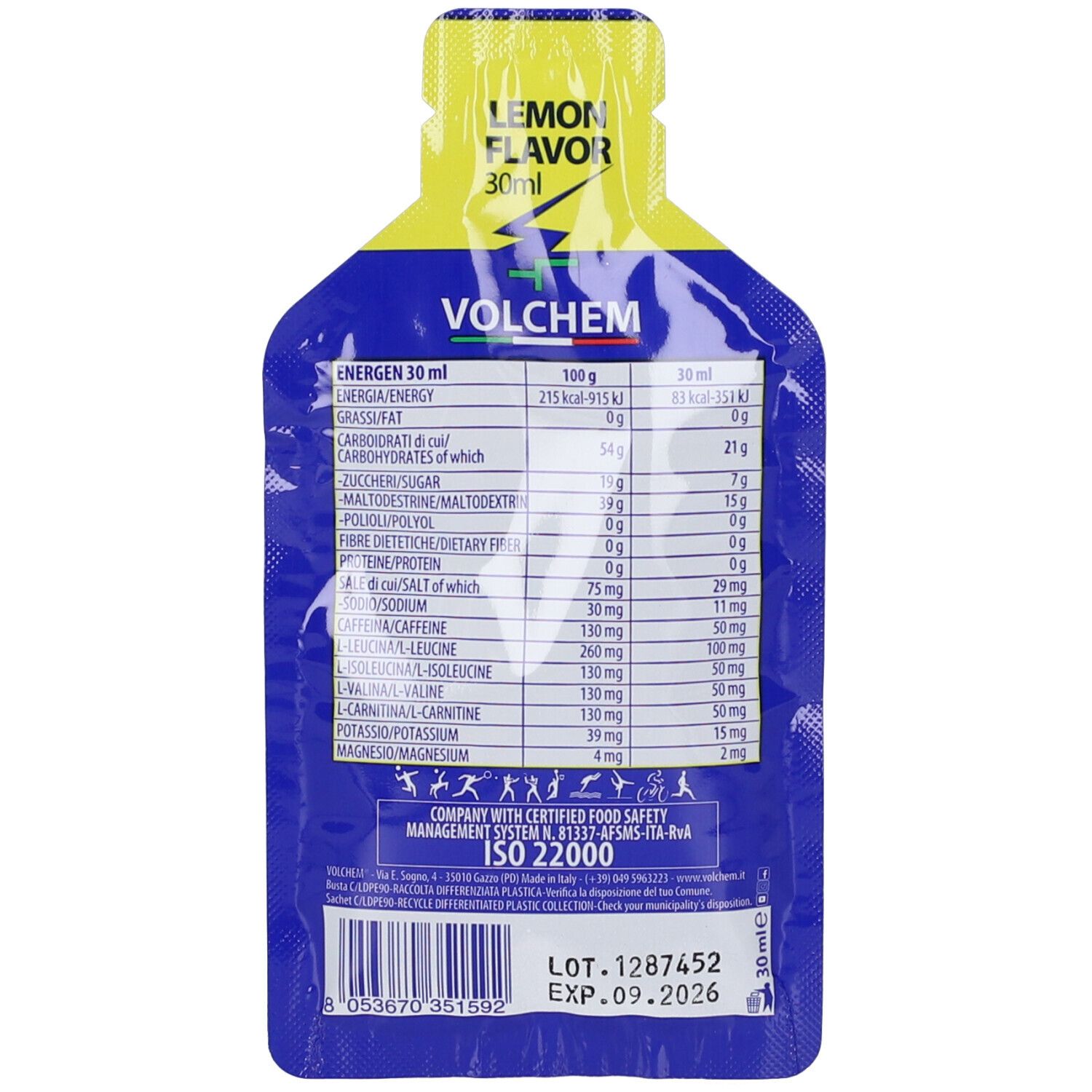 Retro confezione gel. Contiene informazioni nutrizionali e certificazione ISO 22000. Scritto: Energen 30ml, gusto limone, scadenza 09.2026.