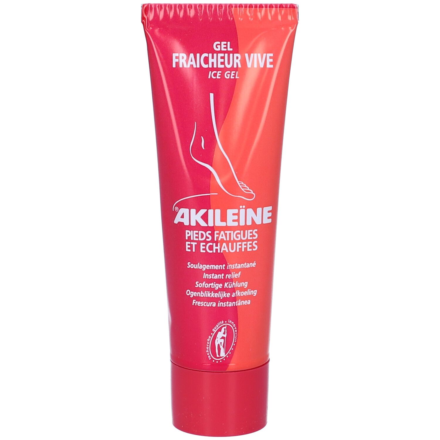 Tubo rosso. Nome prodotto: Gel Fraîcheur Vive Ice Gel. Testo: Akileine, Pieds Fatigués et Echauffés. Sollievo immediato.