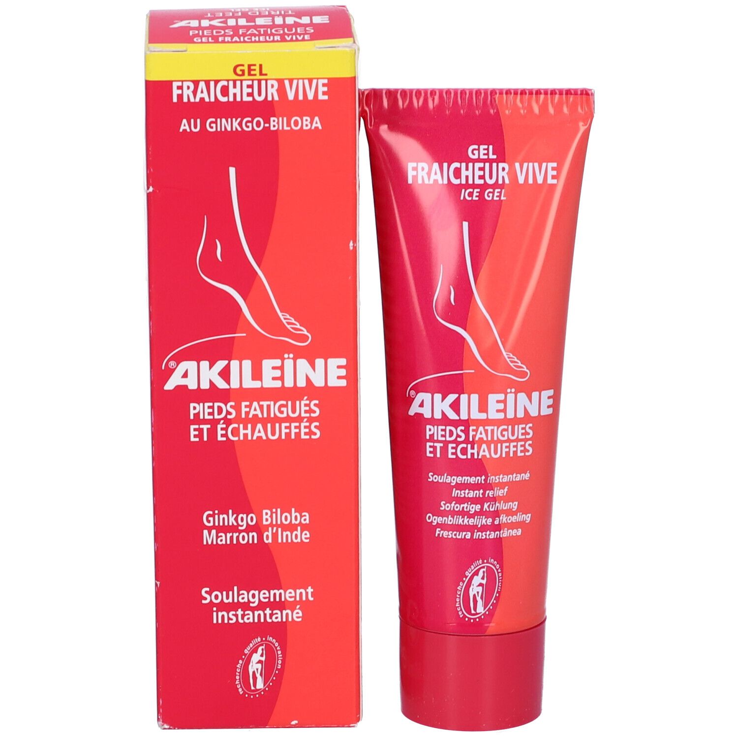Tubo e scatola rossi. Nome prodotto: Gel Fraîcheur Vive au Ginkgo-Biloba. Testo: Akileine, Pieds Fatigués et Echauffés.