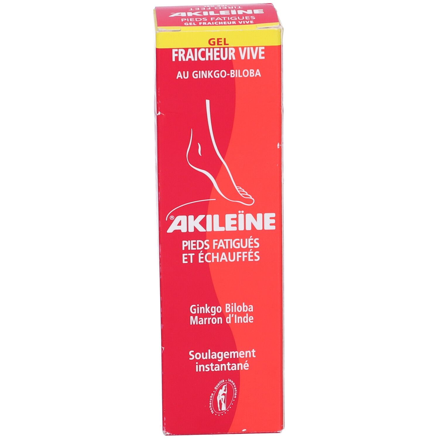 Scatola rossa. Nome prodotto: Gel Fraîcheur Vive au Ginkgo-Biloba. Testo: Akileine, Pieds Fatigués et Echauffés. Ginkgo Biloba.