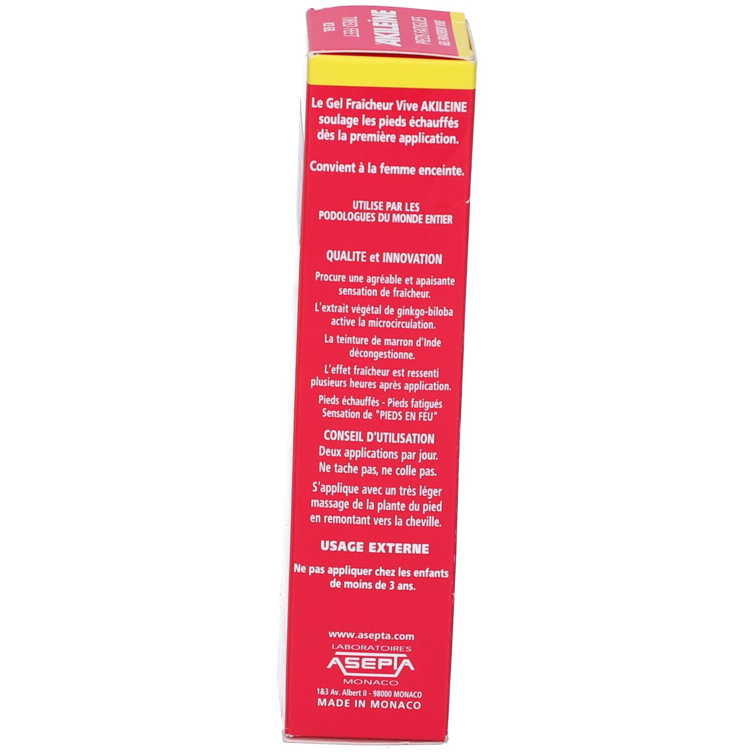 Scatola rossa. Testo: Gel Fraîcheur Vive, istruzioni per l'uso, ingredienti, avvertenze. Logo Asepta Monaco.
