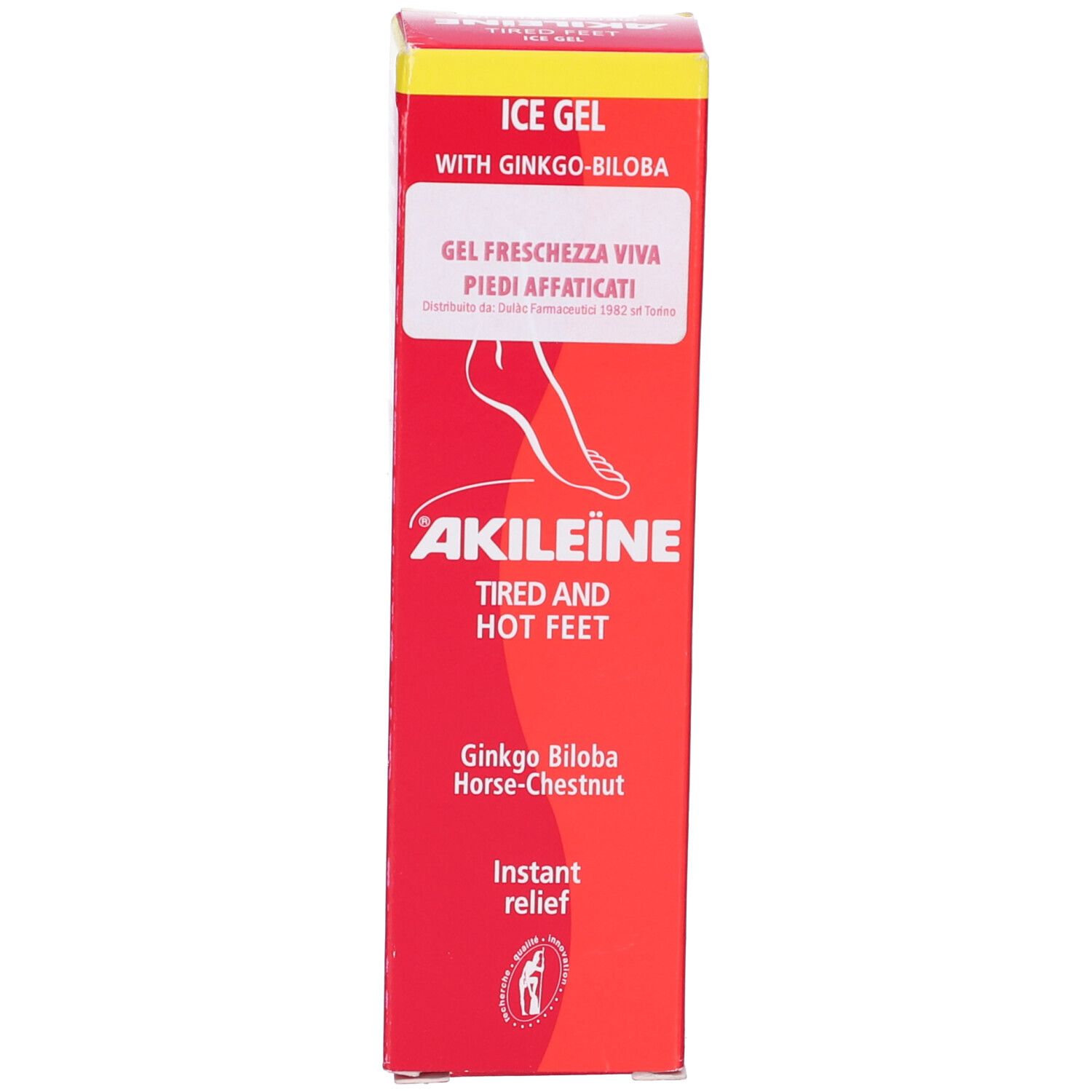 Scatola rossa. Nome prodotto: Ice Gel with Ginkgo-Biloba. Testo: Akileine, Tired and Hot Feet. Ginkgo Biloba.