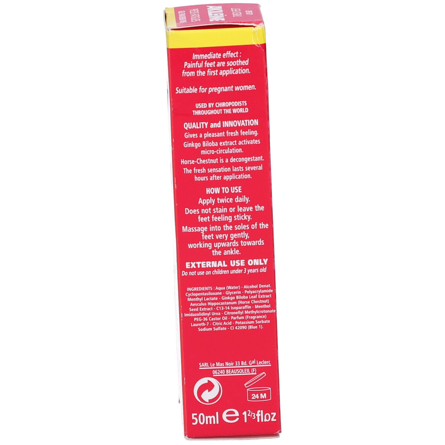 Scatola rossa. Testo: Istruzioni per l'uso, ingredienti, avvertenze. 50ml, 1 2/3 fl oz. Logo Asepta Monaco.