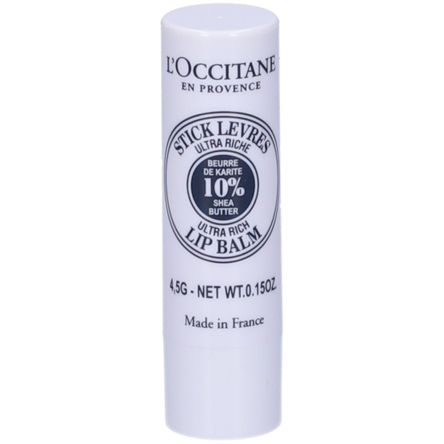 Stick labbra bianco con testo blu. Scritto: Stick Levres Ultra Riche, 10% Burro di Karité, Lip Balm. 4,5g.