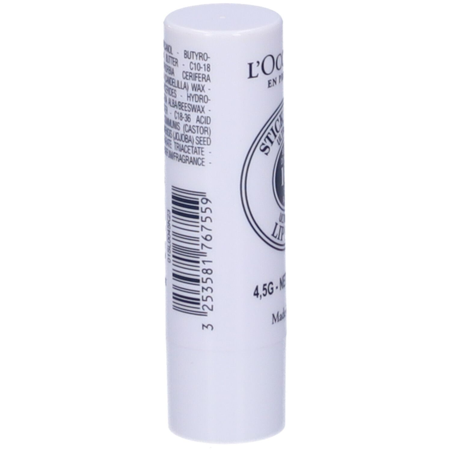 Stick labbra bianco con codice a barre e ingredienti. Scritto: 4,5g, Made in France.