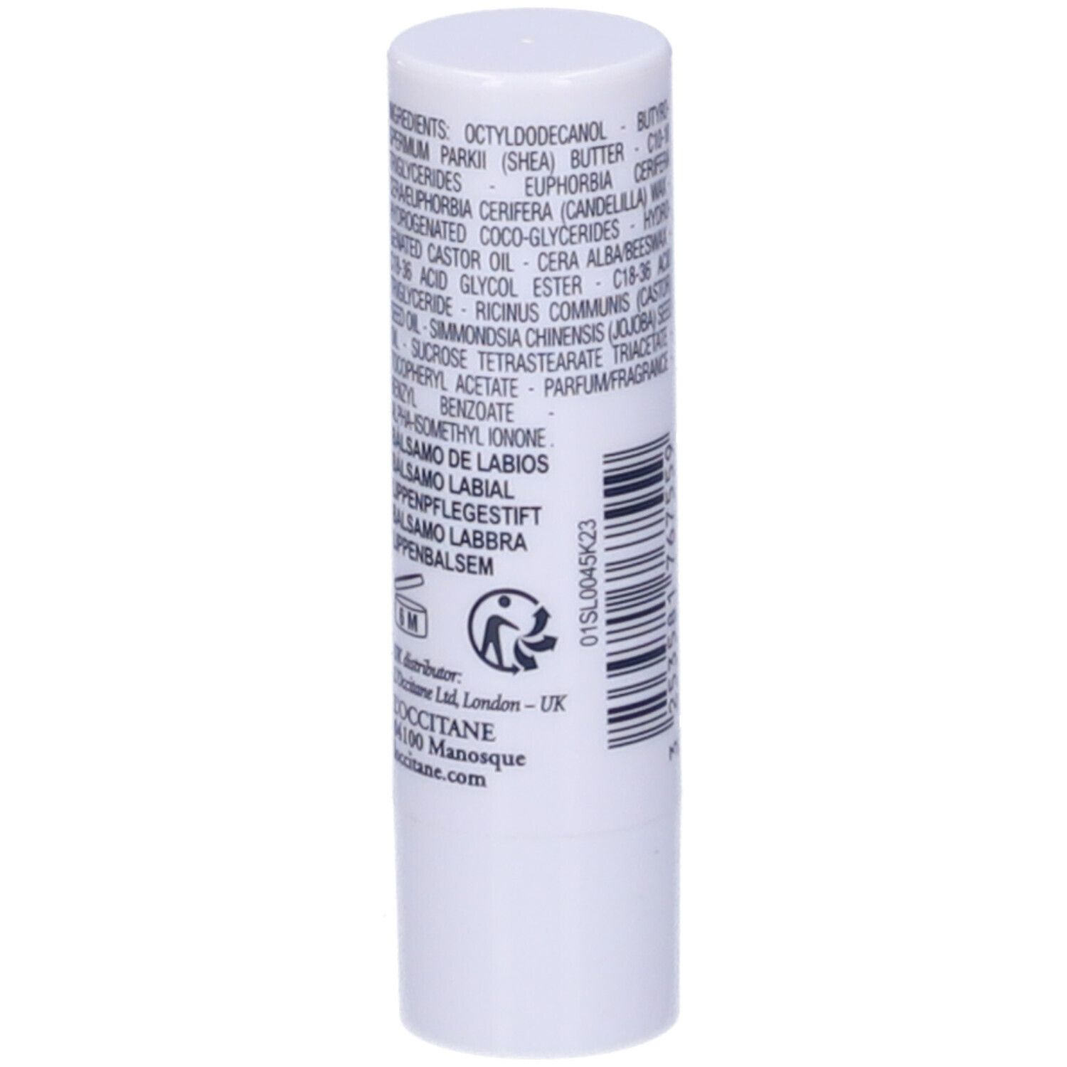 Stick labbra bianco con ingredienti e logo. Scritto: Balsamo Labbra, Lippenpflegestift, Lippenbalsem.