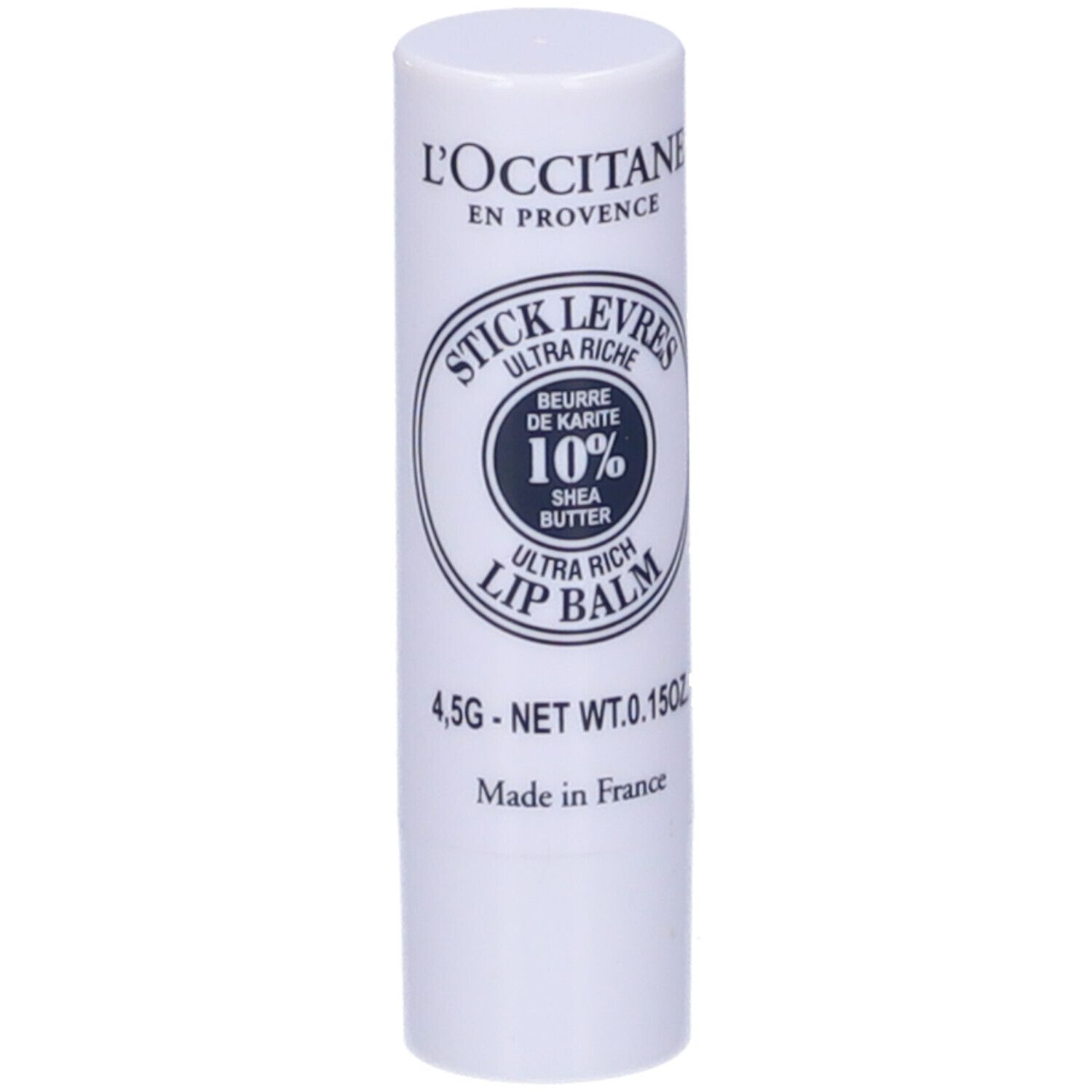 Stick labbra bianco con testo blu. Scritto: Stick Levres Ultra Riche, 10% Burro di Karité, Lip Balm. 4,5g.