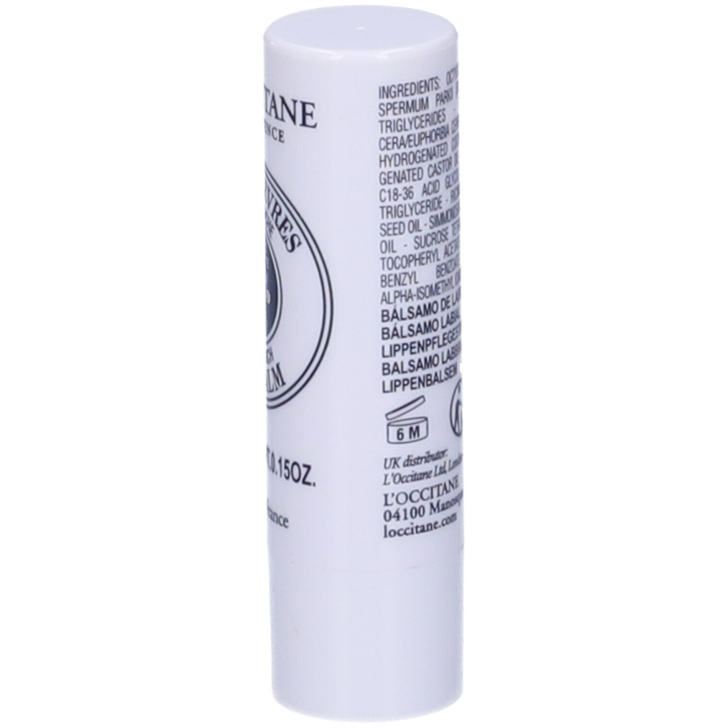 Stick labbra bianco con ingredienti. Scritto: 4,5g, 6M. Logo.