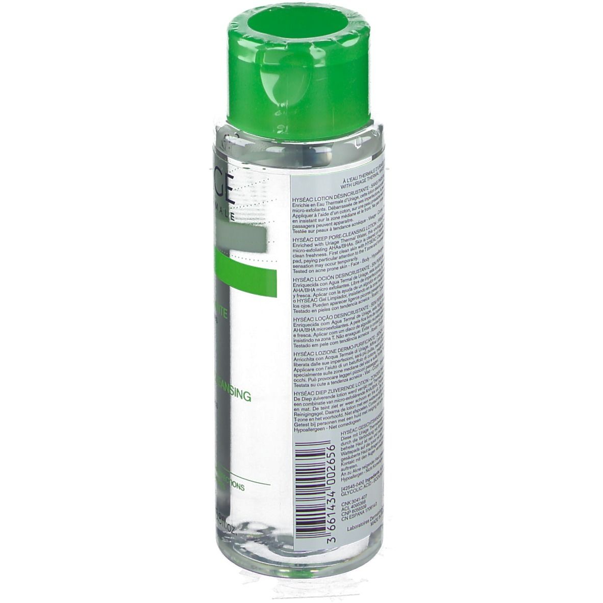 URIAGE Hyséac Lozione Dermo-Detergente. Retro del flacone. Testo sull'etichetta. Tappo verde.