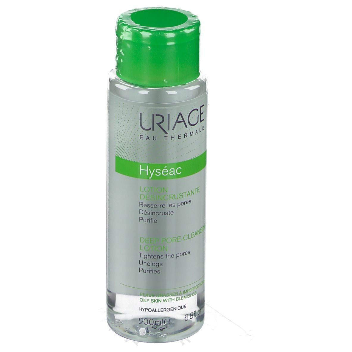 URIAGE Hyséac Lozione Dermo-Detergente. Flacone con tappo verde. Etichetta con testo. 200ml.