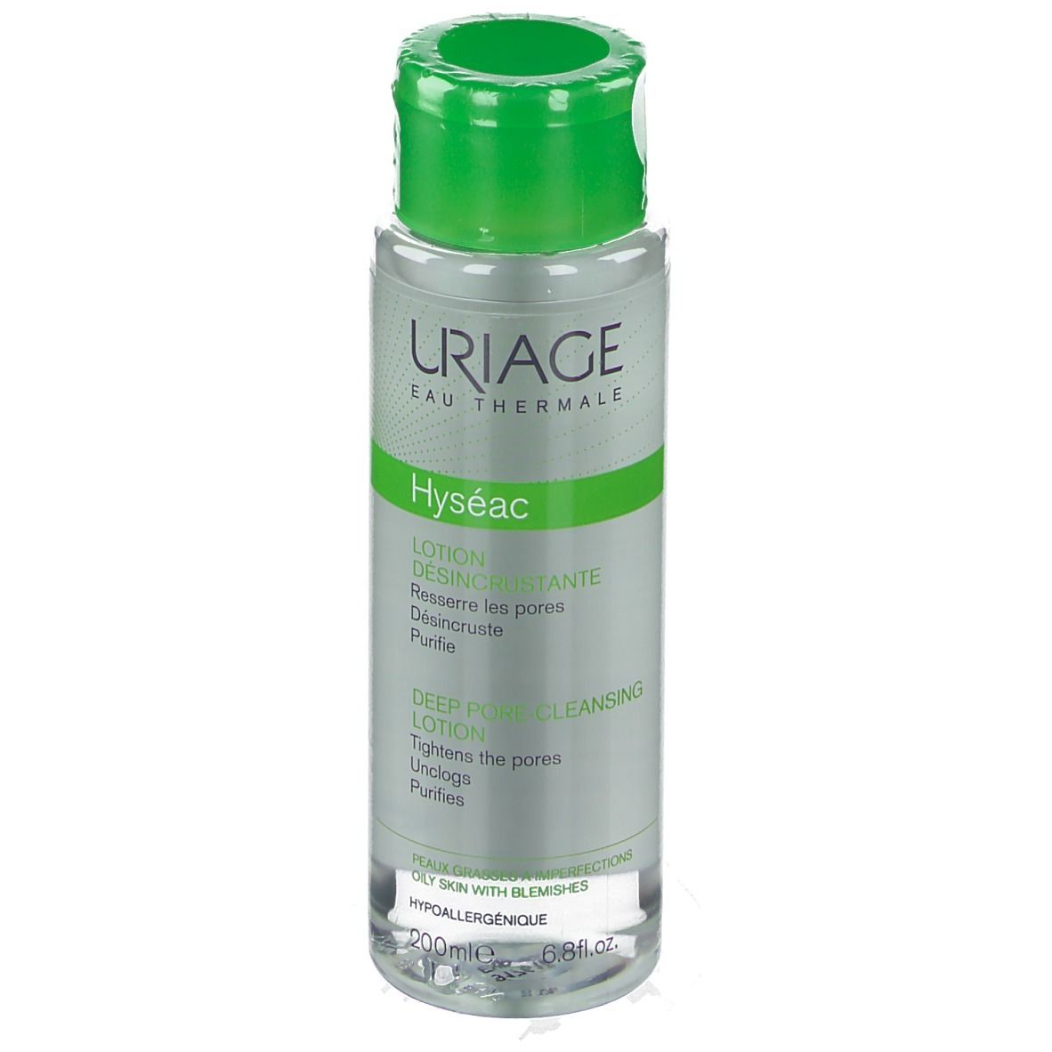 URIAGE Hyséac Lozione Dermo-Detergente. Retro del flacone. Testo sull'etichetta. Tappo verde.