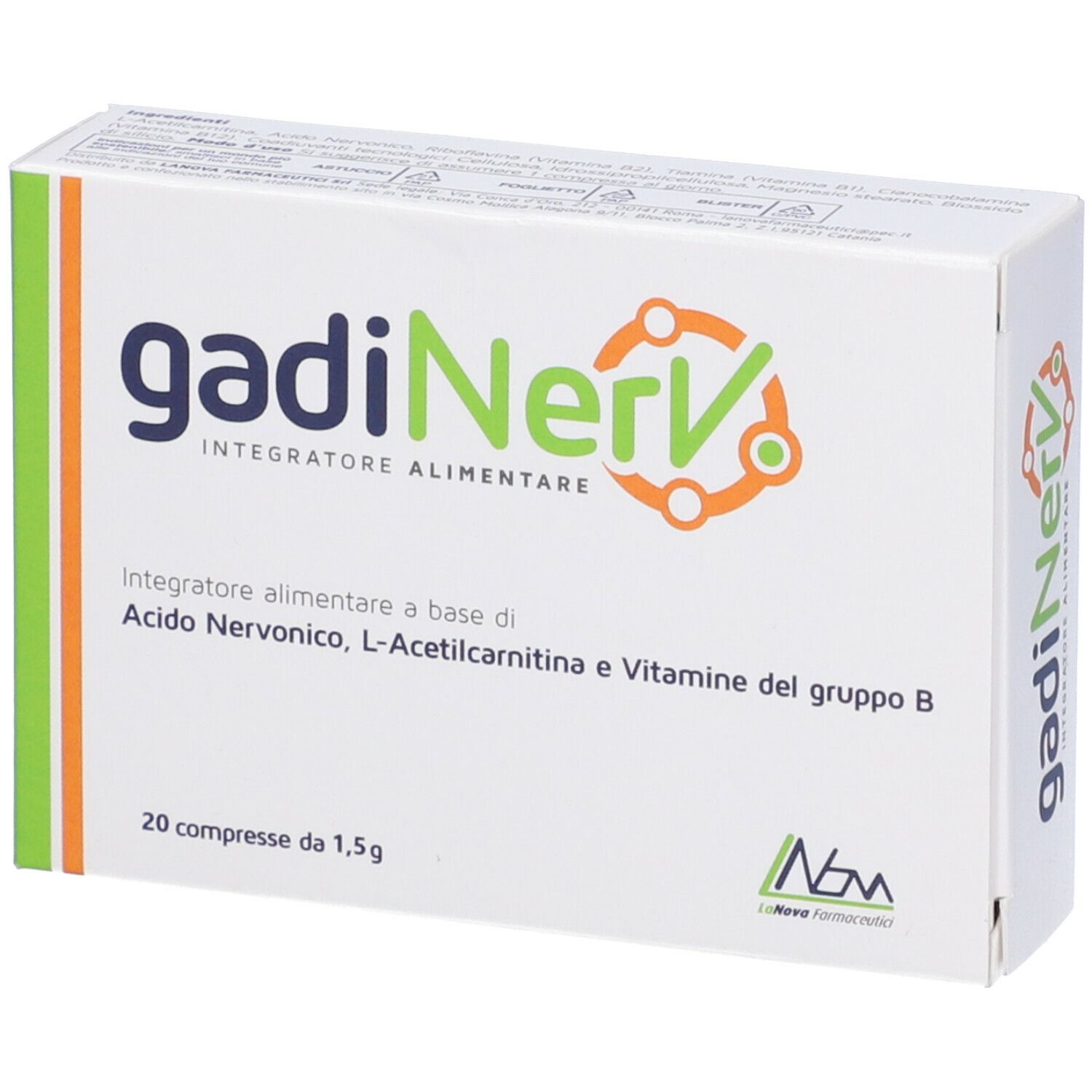 Scatola bianca "gadiNerv". Contiene 20 compresse. Testo: acido nervonico, L-acetilcarnitina, vitamine B.