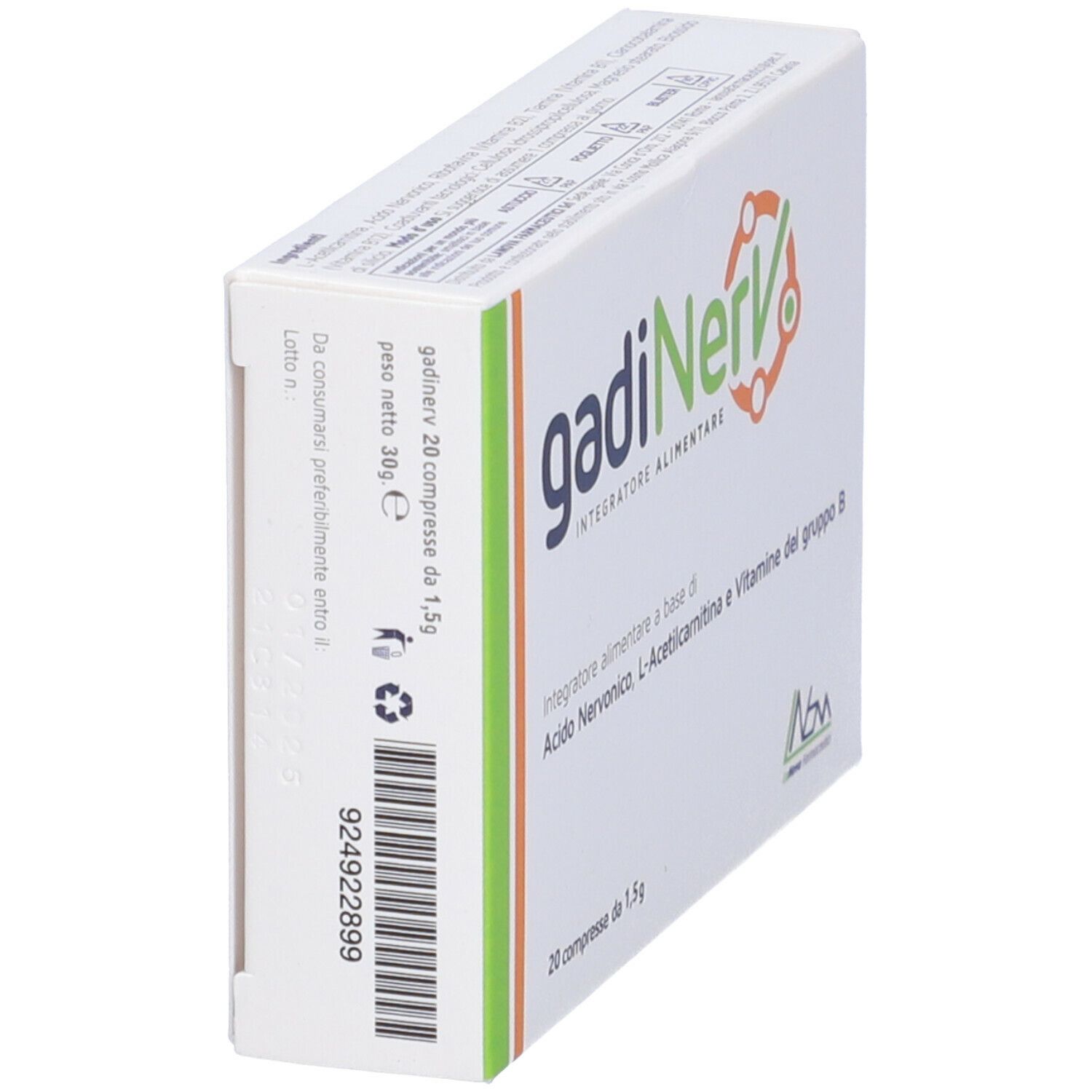Vista laterale della scatola "gadiNerv". Contiene 20 compresse. Testo: acido nervonico, L-acetilcarnitina, vitamine B.