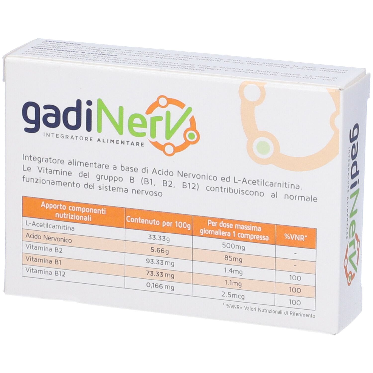 Retro della scatola "gadiNerv". Contiene informazioni nutrizionali. Contiene acido nervonico, L-acetilcarnitina, vitamine B.