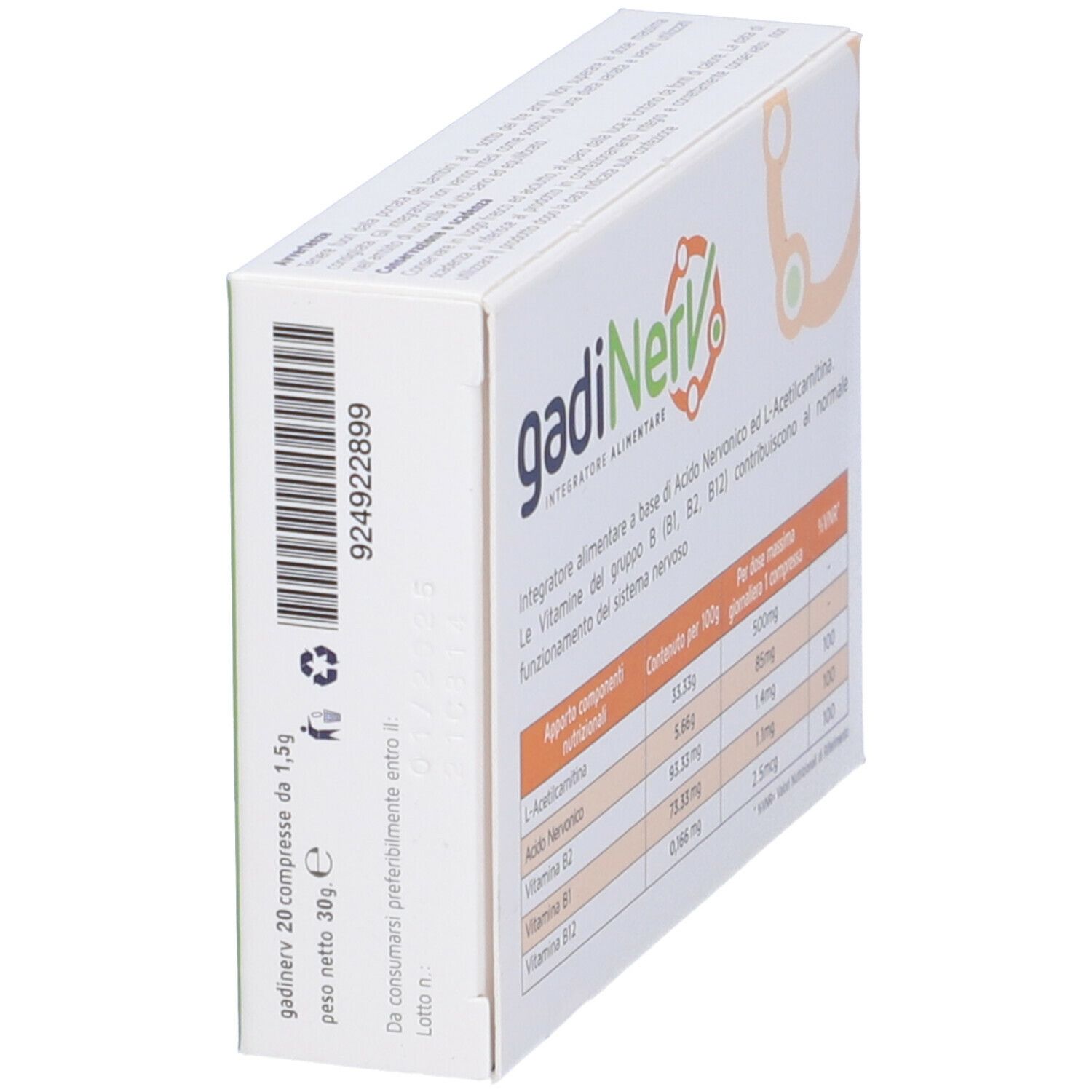 Vista obliqua della scatola "gadiNerv". Contiene 20 compresse. Testo: acido nervonico, L-acetilcarnitina, vitamine B.
