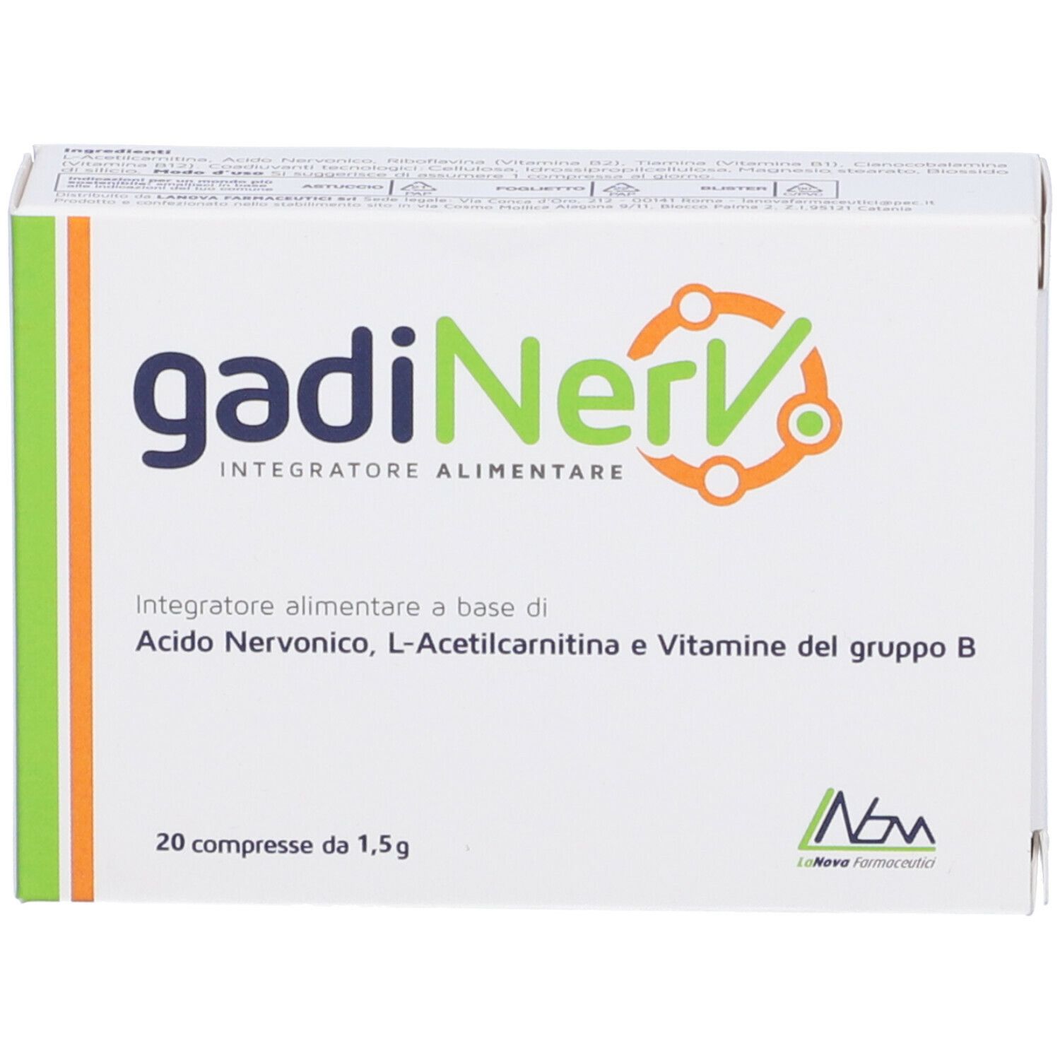 Scatola bianca "gadiNerv". Contiene 20 compresse. Contiene acido nervonico, L-acetilcarnitina, vitamine B.