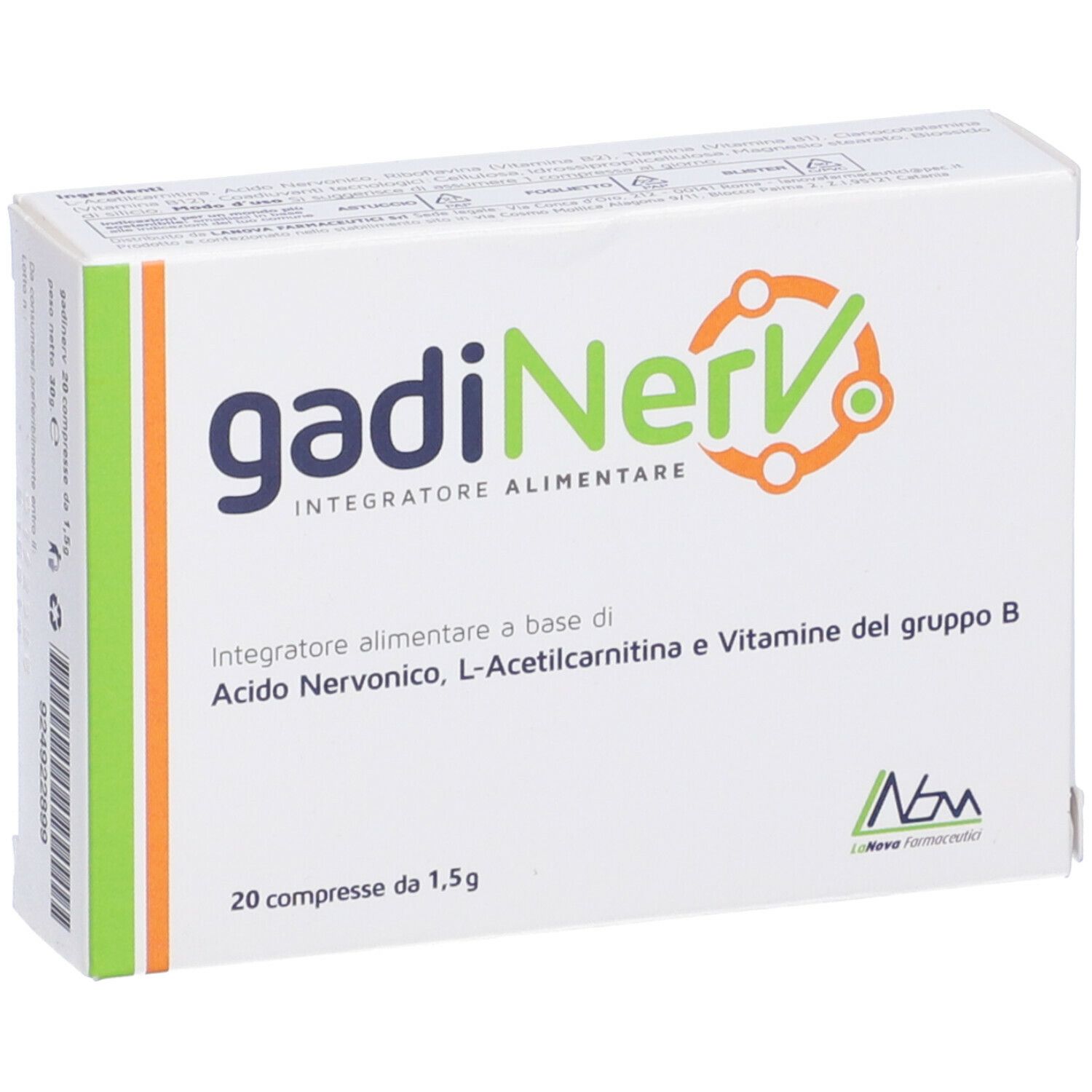 Scatola bianca "gadiNerv". Contiene 20 compresse. Contiene acido nervonico, L-acetilcarnitina, vitamine B.