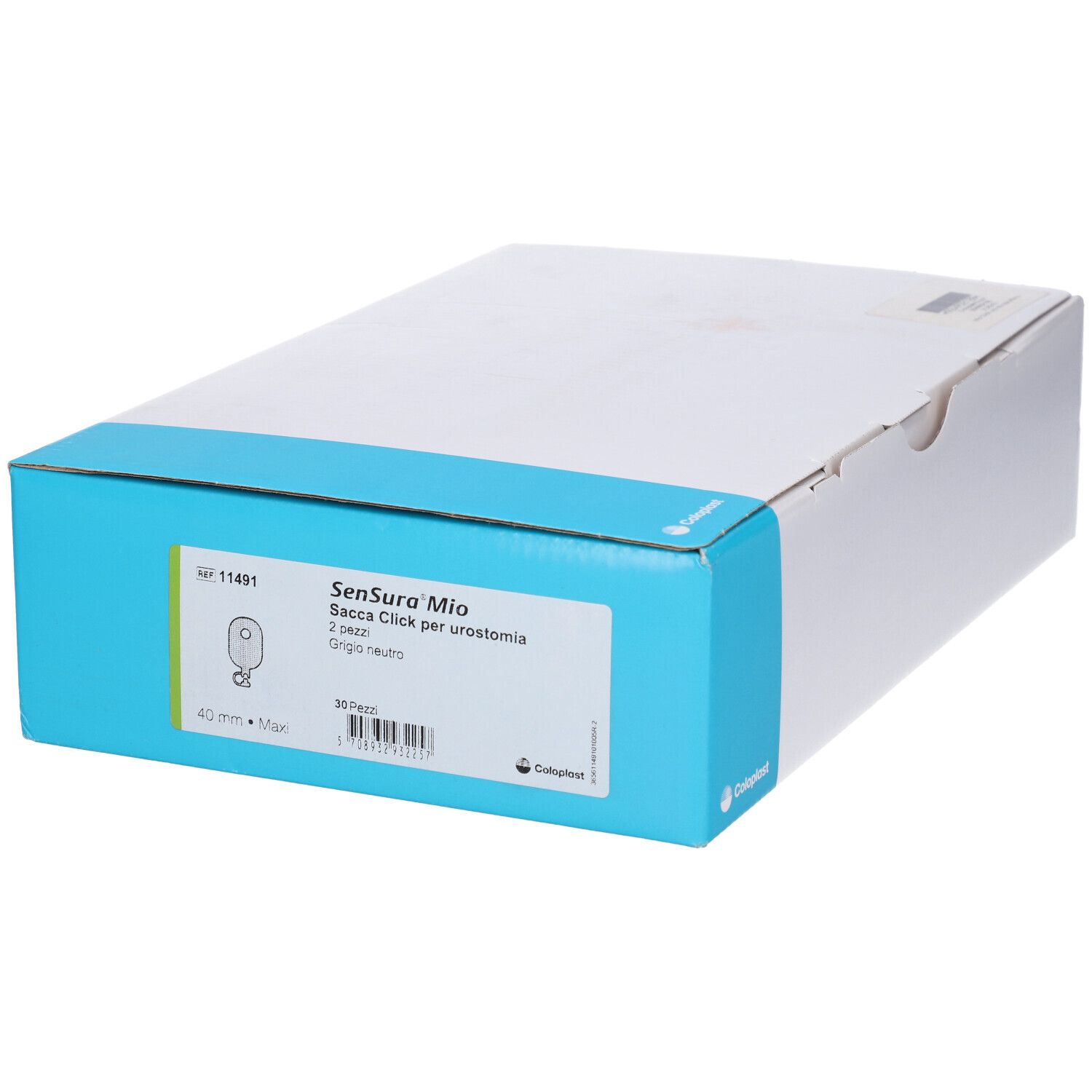 Confezione prodotto con etichetta Sensura Mio. Flangia 40 mm. 30 pezzi. Logo Coloplast.