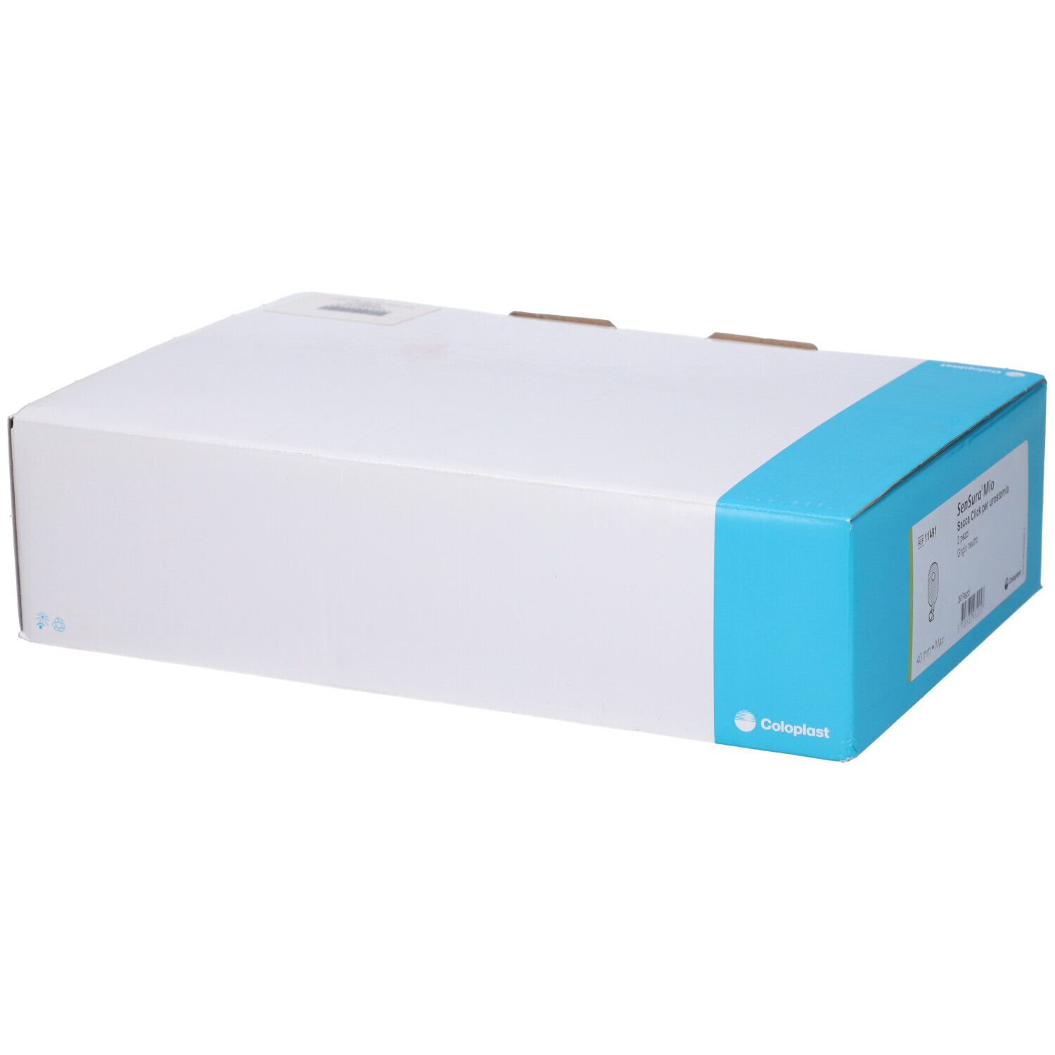 Confezione bianca con accento blu. Logo Coloplast. Scatola con coperchio.