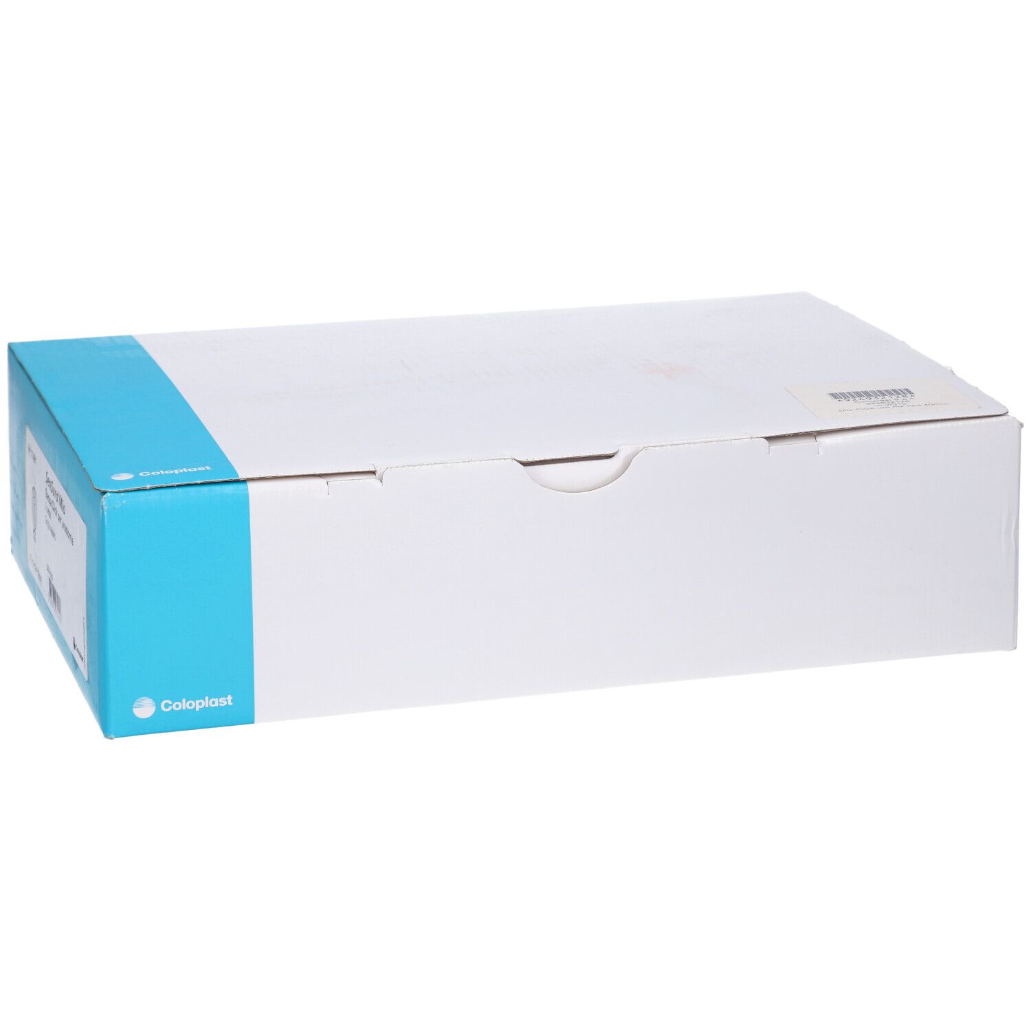 Confezione bianca con accento blu. Logo Coloplast. Scatola con coperchio.