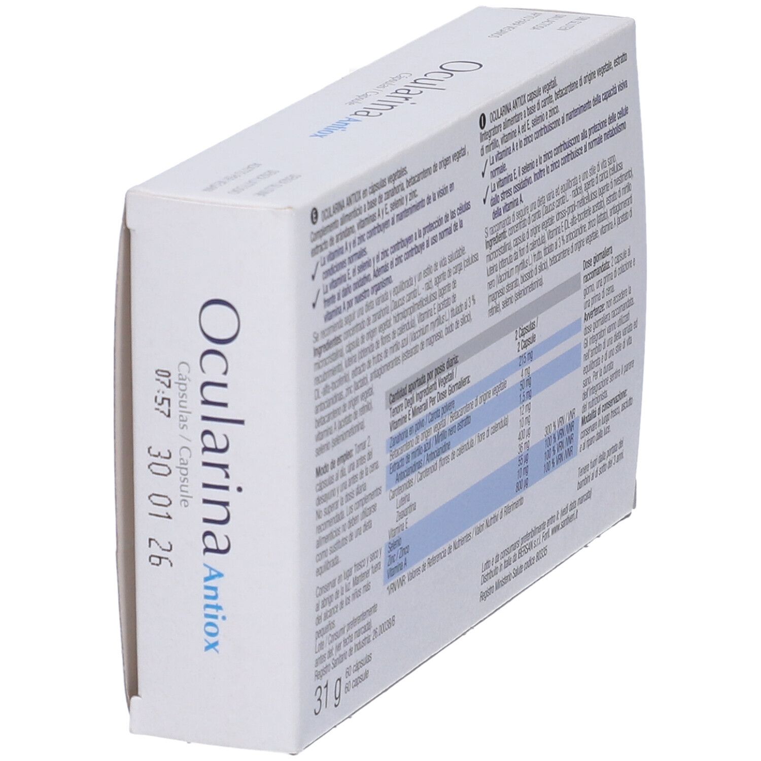 Scatola Ocularina Antiox, retro. Testo multilingue. Ingredienti e informazioni nutrizionali. In diagonale.