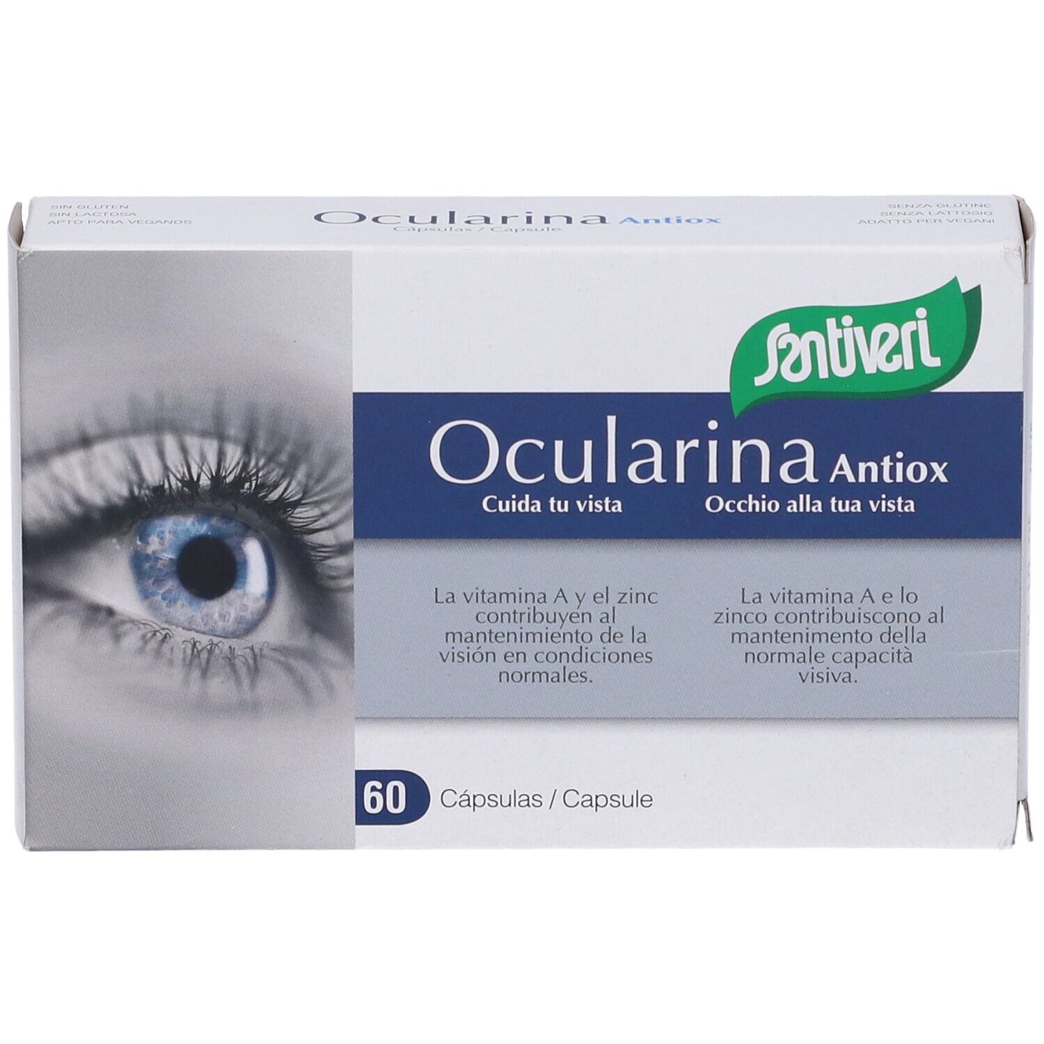 Scatola bianca Ocularina Antiox, 60 capsule. Logo Santiveri. Immagine di un occhio. Testo in spagnolo e italiano.