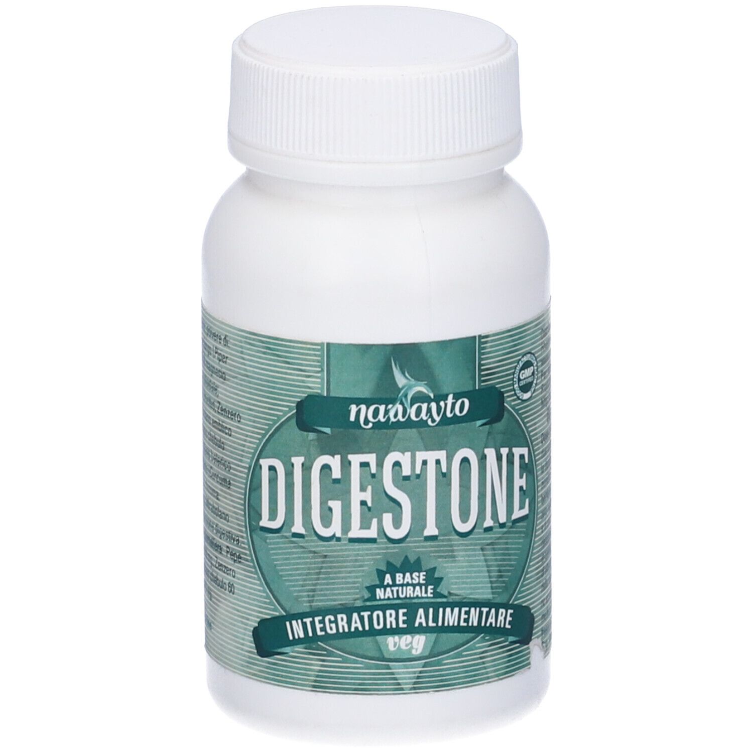 Flacone bianco con etichetta verde. L'etichetta riporta "Digestone" e "Integratore Alimentare".