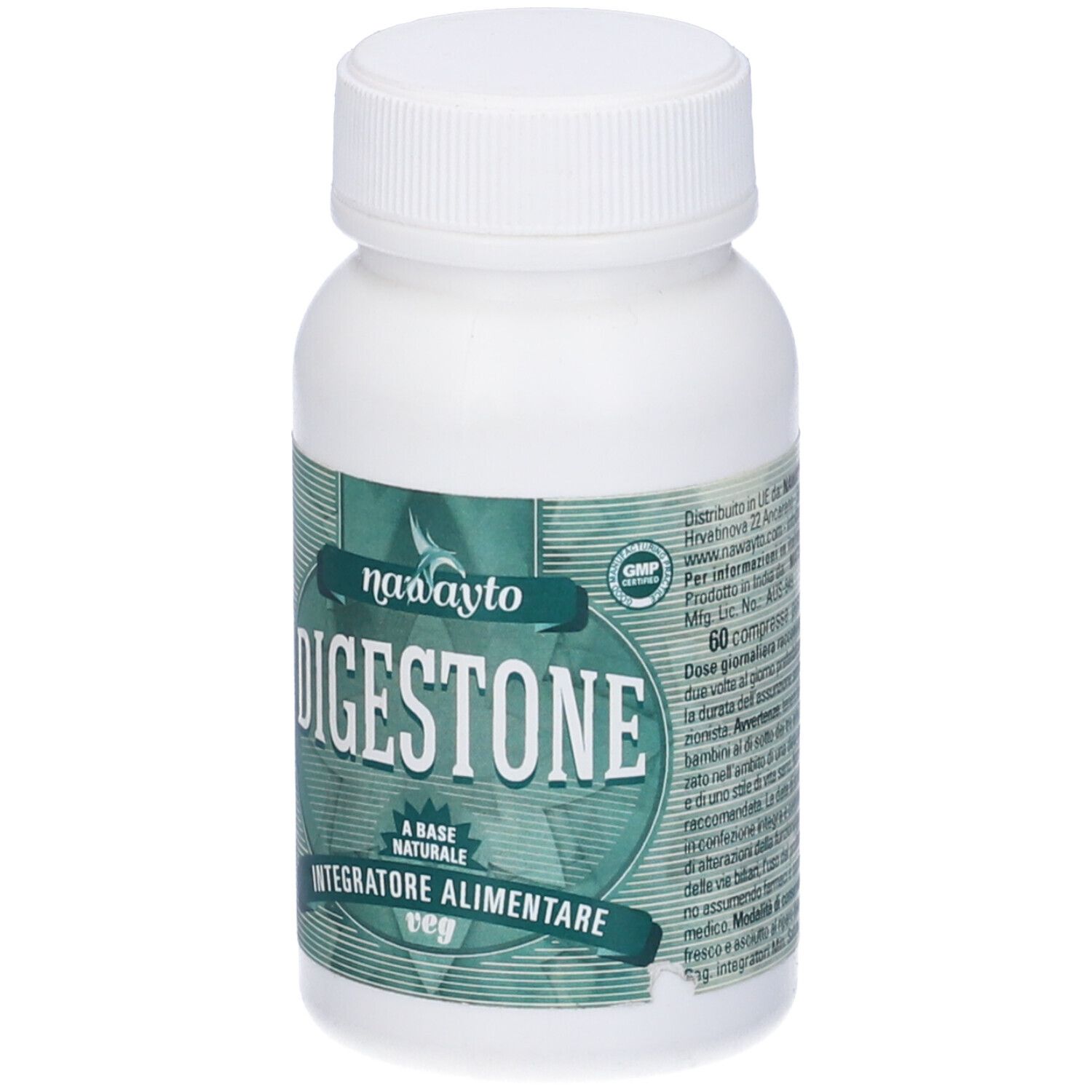 Flacone bianco con etichetta verde. L'etichetta riporta "Digestone" e "Integratore Alimentare".