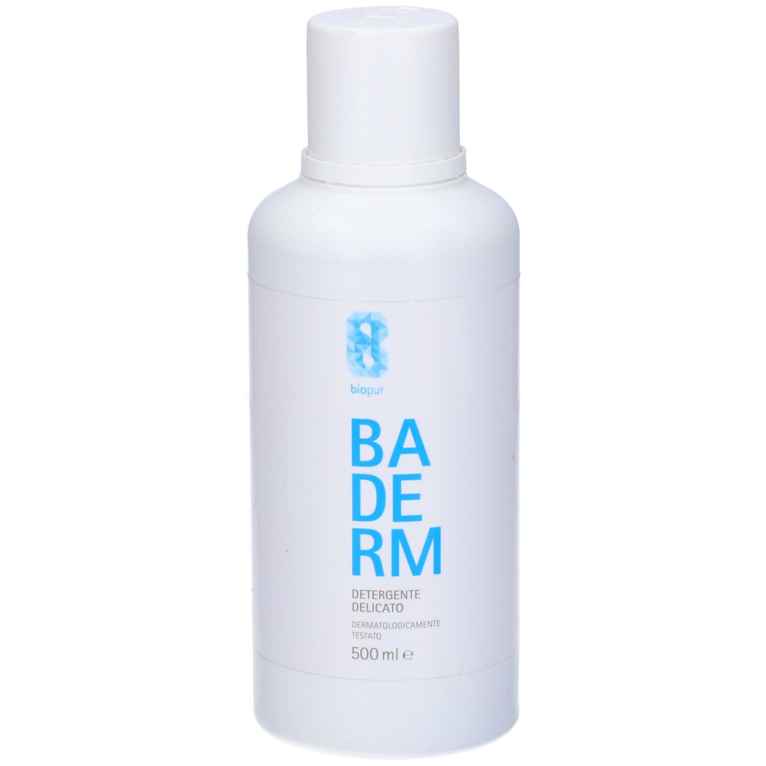 Flacone bianco con scritta blu "BA DERM". Sotto "DETERGENTE DELICATO". 500 ml.