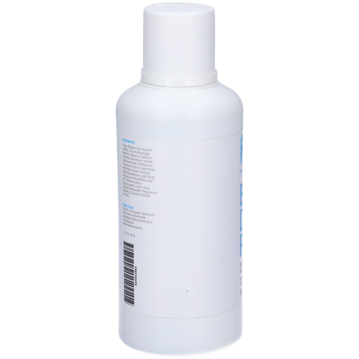 Flacone bianco con elenco ingredienti e codice a barre. Testo in italiano.